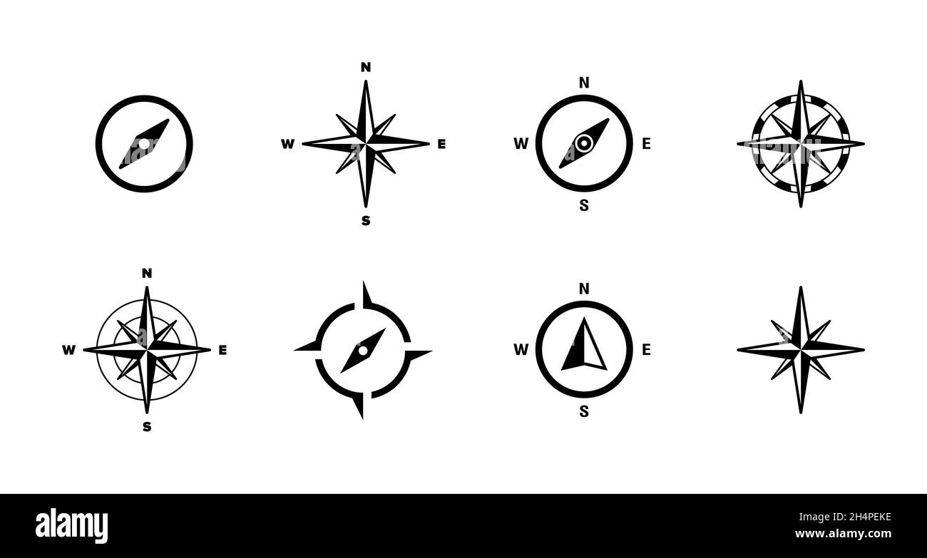 Set di icone Rose of Wind and Opass. Nord, sud, ovest e est. Concetto di viaggio. Vettore EPS 10. Isolato su sfondo bianco. Illustrazione Vettoriale