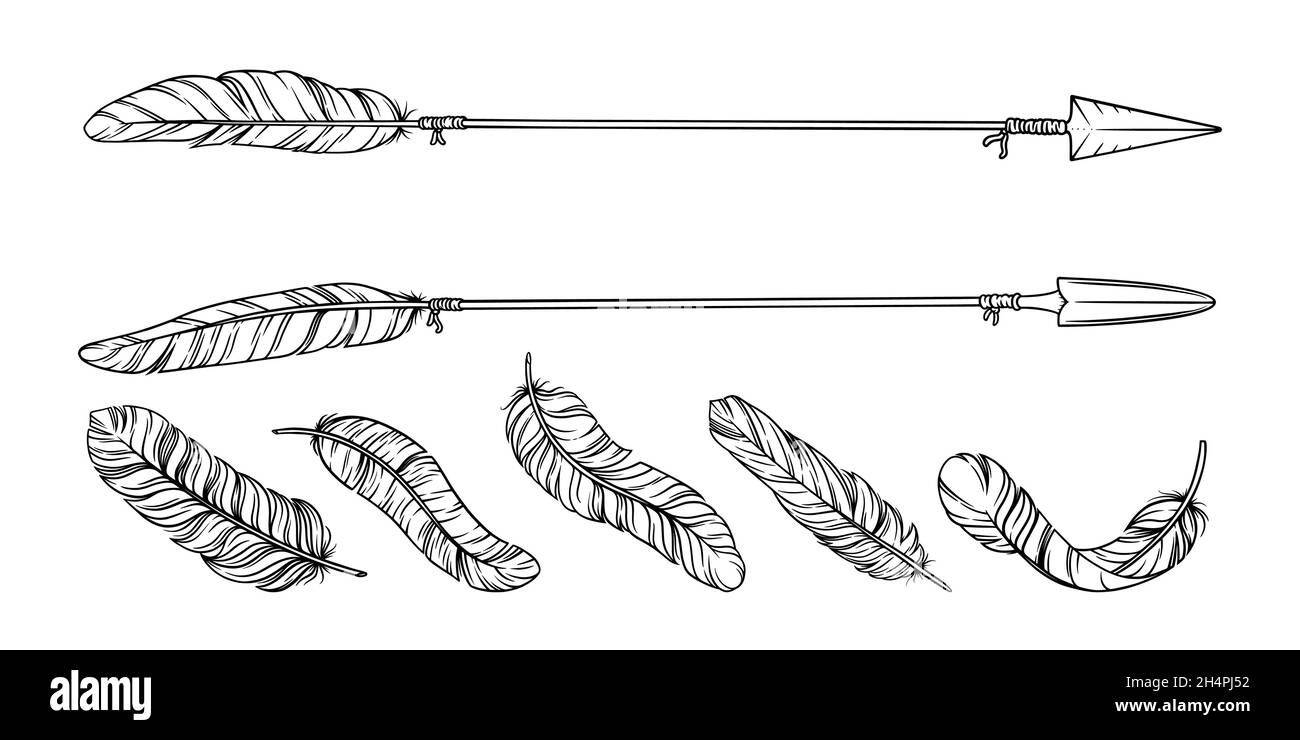Freccia con piume tribali. Decorativo boho frecce indiane e piume. Disegno azteco nativo o hipster tatuaggio isolato su sfondo bianco Immagine e Vettoriale - Alamy