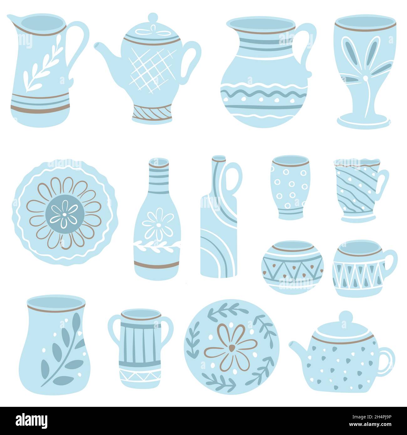 Set di stoviglie blu in ceramica. Collezione di utensili artigianali  decorati con pittura. Coppe di argilla, bottiglie, piatti e vasi per cibo,  malattie vettoriali Immagine e Vettoriale - Alamy