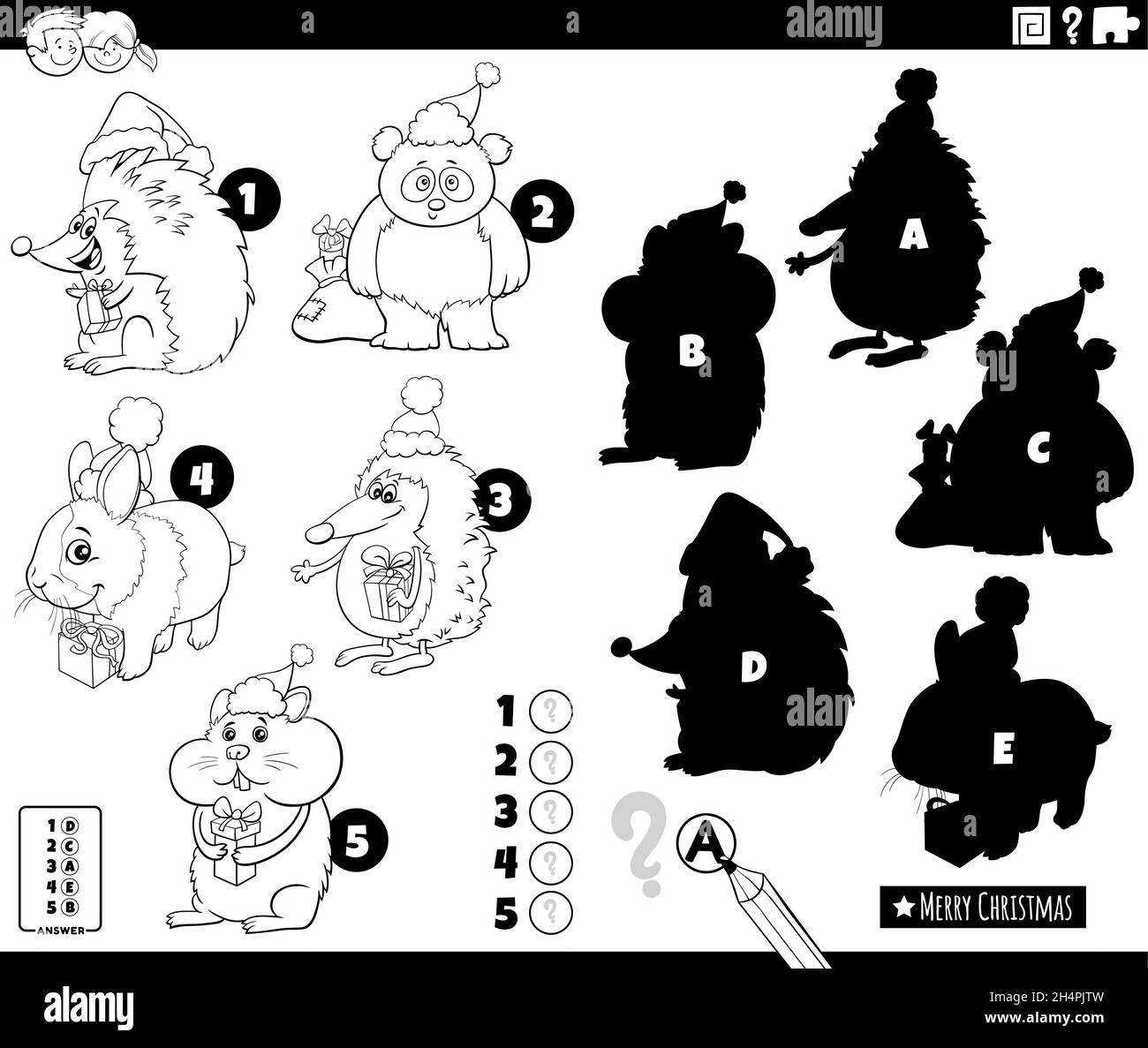Cartoon in bianco e nero illustrazione di trovare le giuste ombre per le immagini gioco educativo per bambini con personaggi animali su te Natale Illustrazione Vettoriale