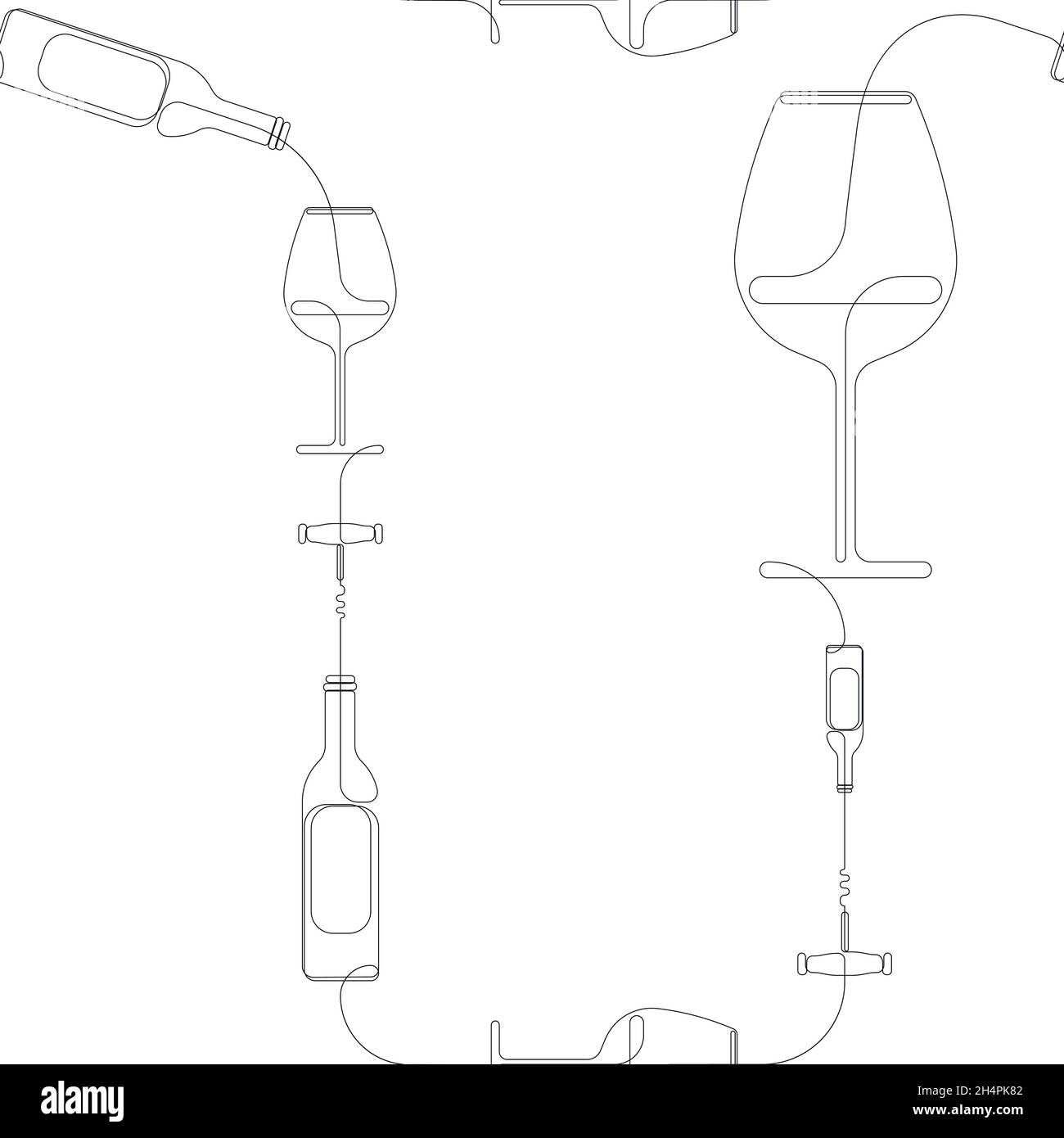 Modello senza cuciture con disegno continuo di bicchieri, bottiglie e cavatappi. Sfondo con tema vino. Illustrazione vettoriale Illustrazione Vettoriale