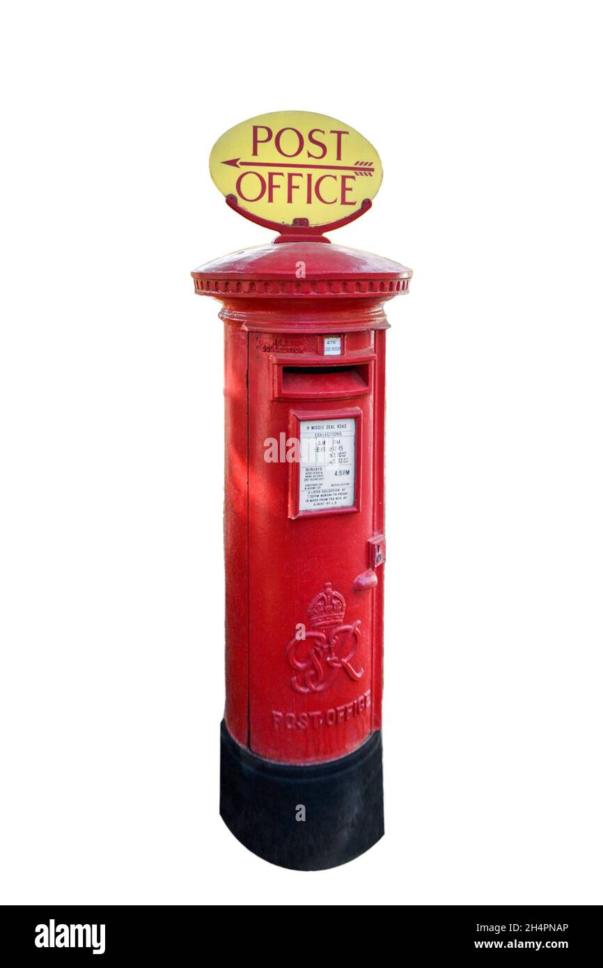 Postbox di Londra rossa o colonna inglese, cartello direzionale dell'ufficio postale, isolato su sfondo bianco, tracciato di ritaglio Foto Stock