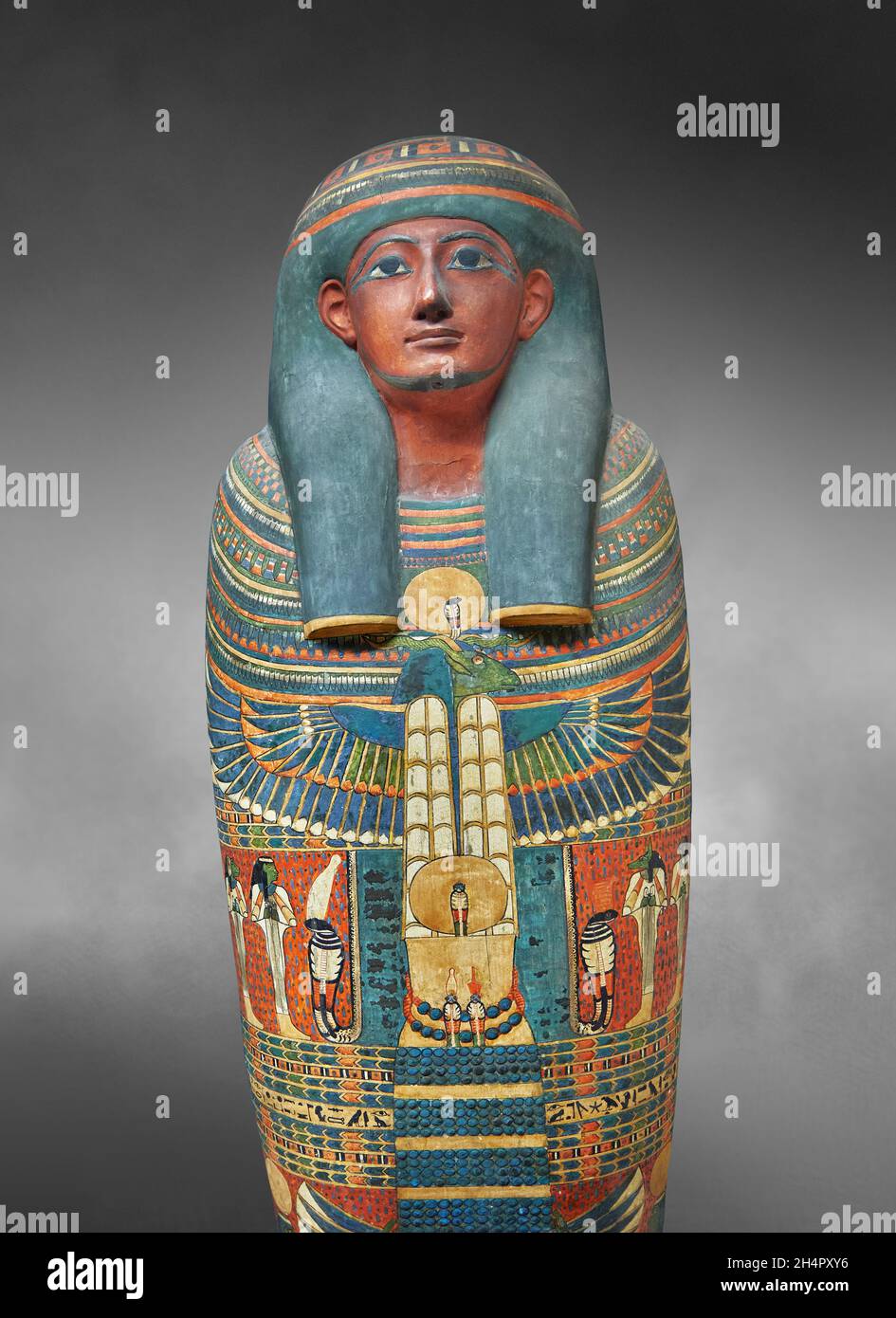 Antico sarcofago egiziano dipinto sarcofago cover di Nakhtkhonsouirou, 943-731 AC, 22nd dinastia, legno, Buisiris, Museo del Louvre inv E5534. Uomo in shr Foto Stock