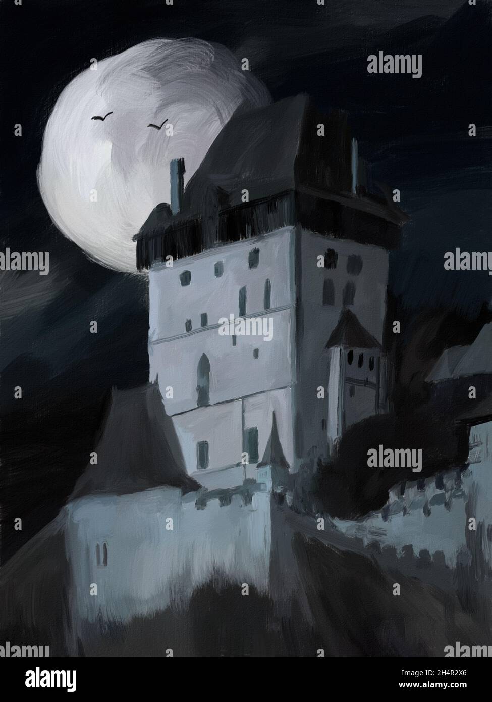 Dipinto digitale ad olio di castello spaventoso di notte. Foto Stock