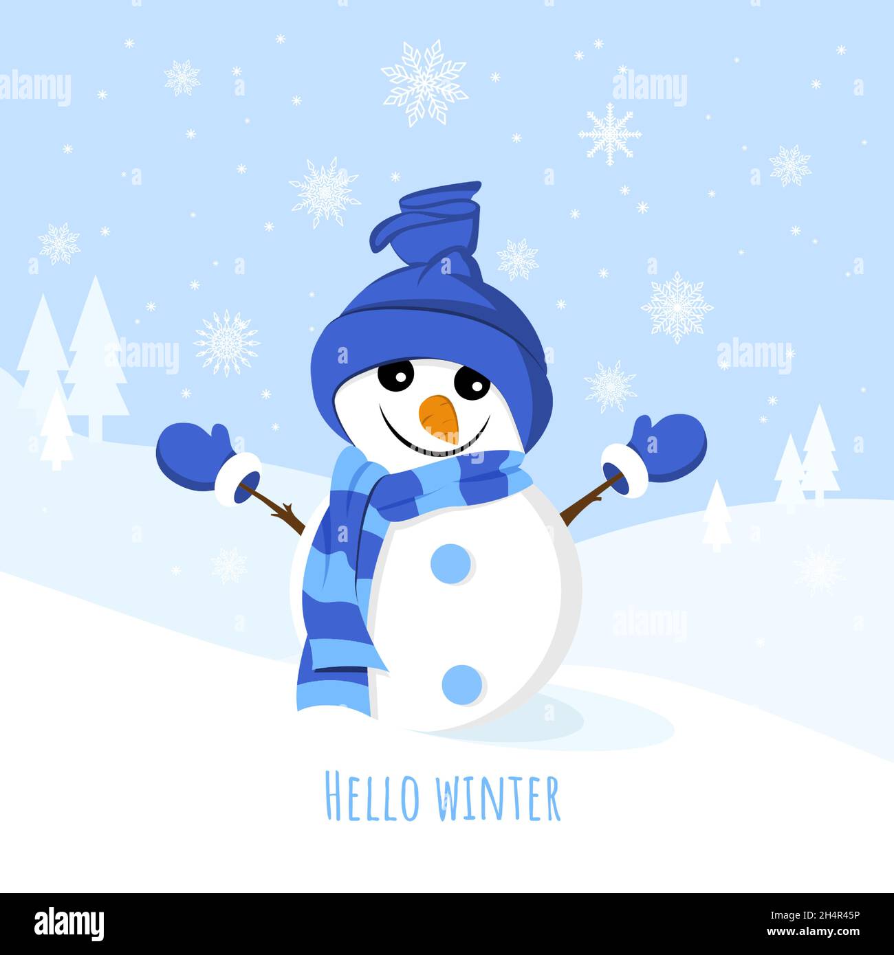 Biglietto di auguri di Natale con un carino pupazzo di neve sullo sfondo invernale con fiocchi di neve. Vettore Illustrazione Vettoriale