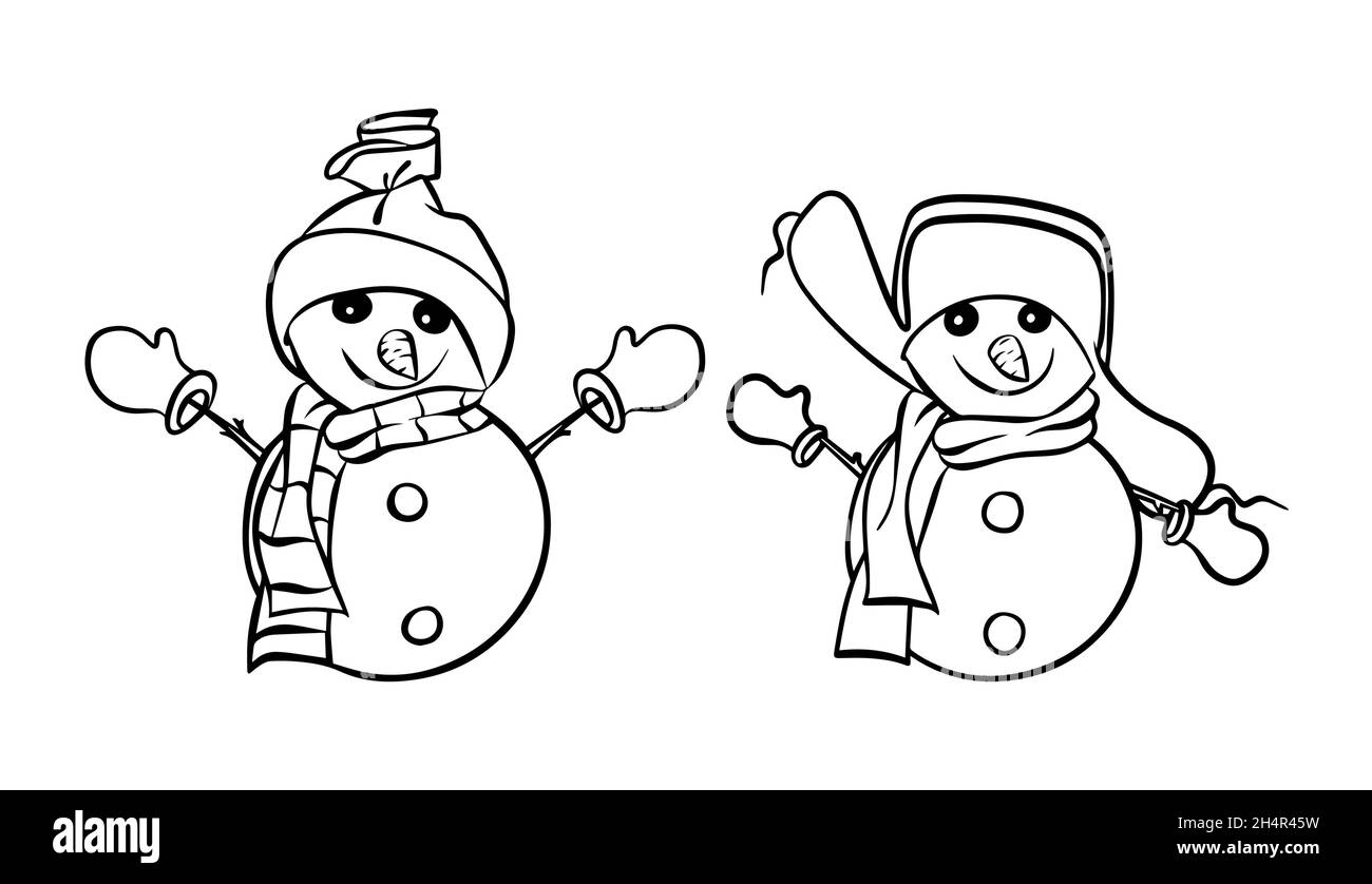 Due allegri pupazzi di neve in cappelli e sciarpe isolati su sfondo bianco. Disegno del contorno. Doodle Illustrazione Vettoriale