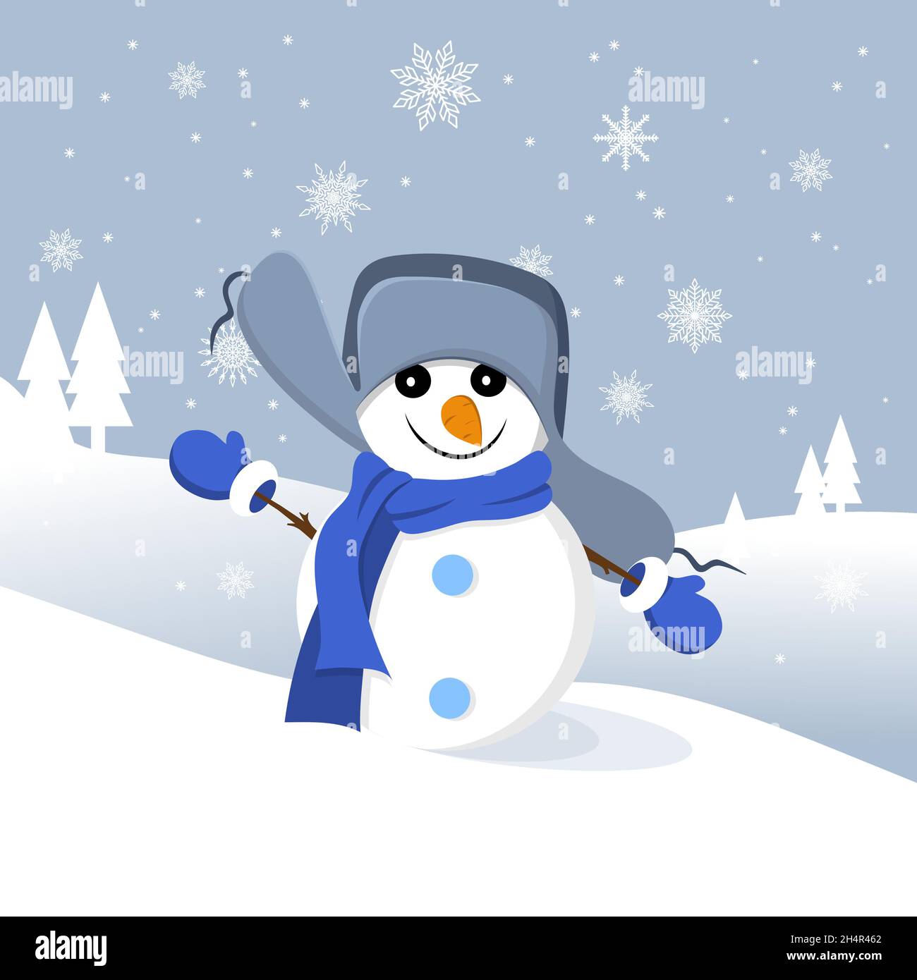 Biglietto di auguri di Natale con un carino pupazzo di neve sullo sfondo invernale con fiocchi di neve. Vettore Illustrazione Vettoriale