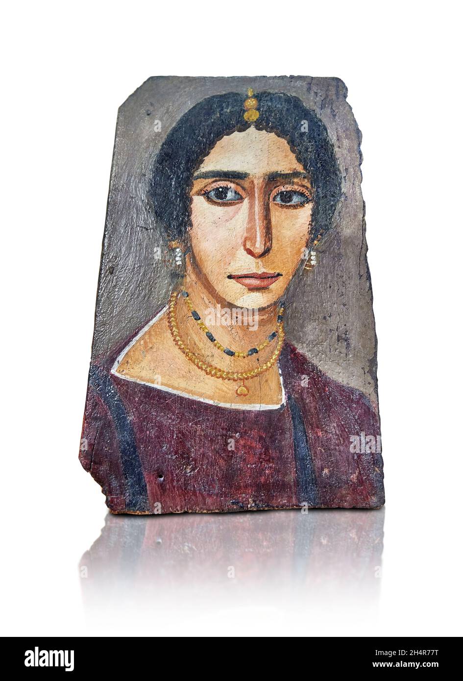 Ritratto mummia di Fayum Egiziano Romano, II-IV sec. d.C., Philadelphia El-Rubayyat. Museo del Louvre MNC 1693. Busto donna, ritratto con orecchini gioielli Foto Stock