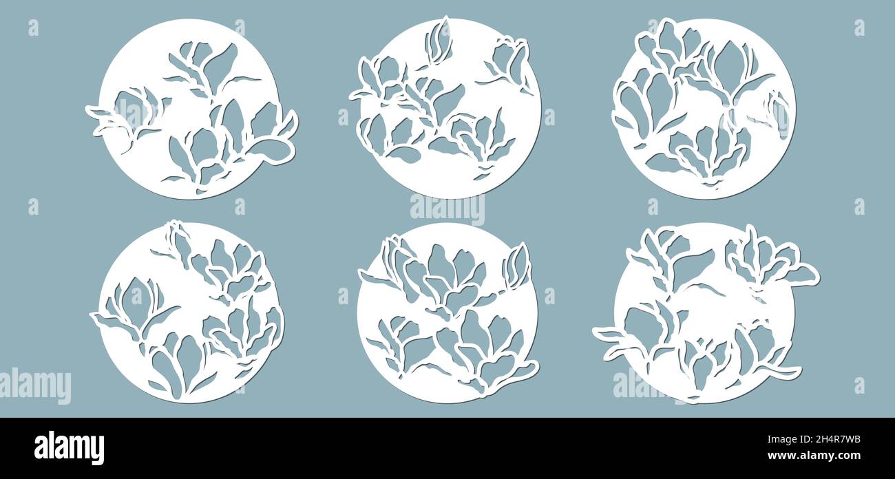 Magnolia germogli nel cerchio. Taglio laser. Carta artigianale per decorazione. Plotter, serigrafia.. Illustrazione Vettoriale