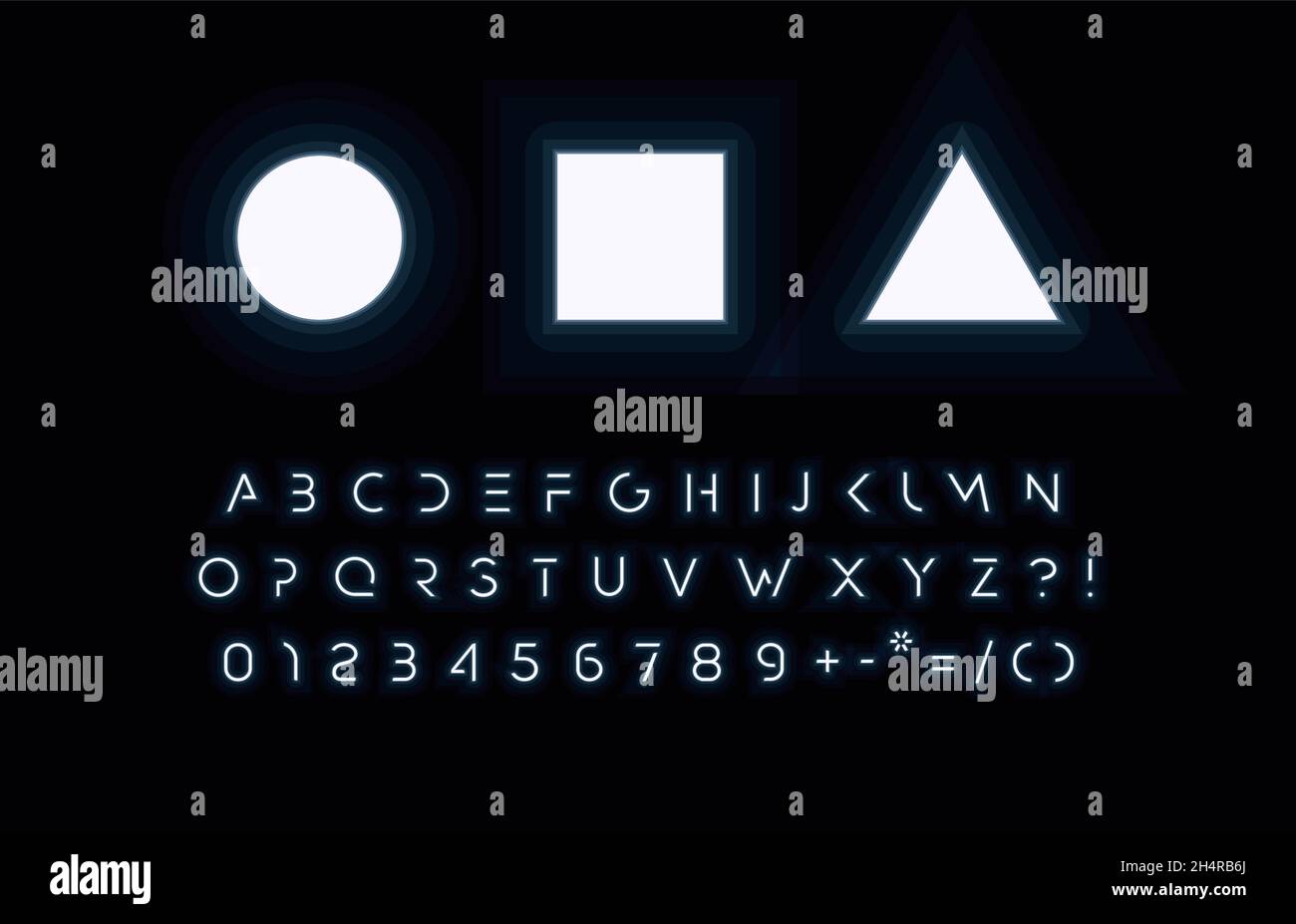 Futuristico spazio neon font ispirato alla serie di giochi Squid.Crossed lettere e numeri ritagliati per il design della tecnologia, UI, HUD display font, musica e. Illustrazione Vettoriale