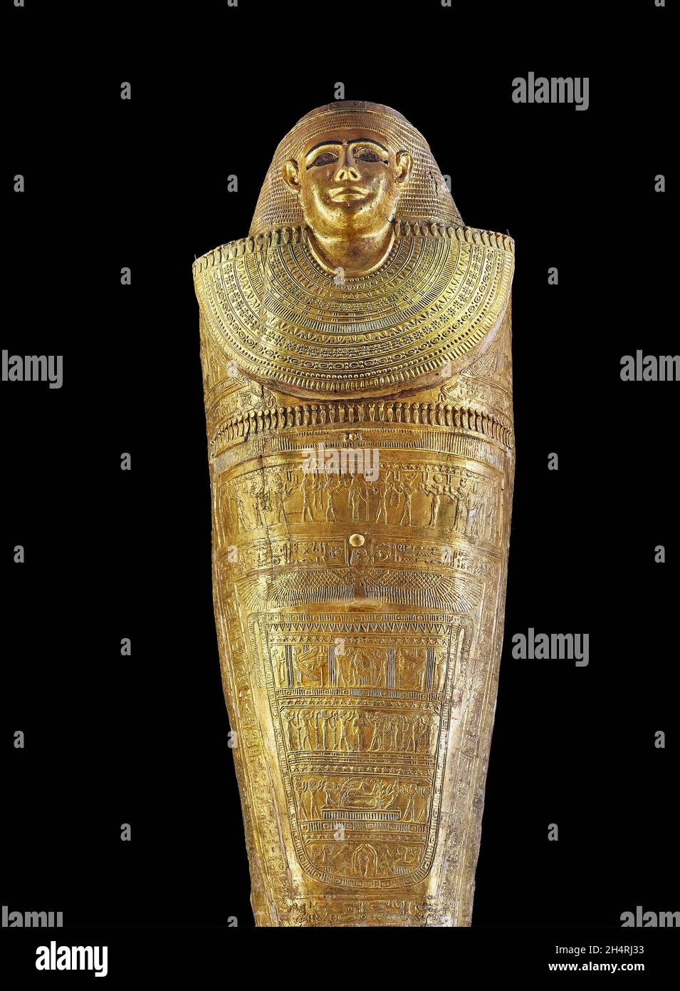 Tolemaico oro mummia egiziano stazza di una donna, Tacheretpaankh , 332-30 a.C., foglia d'oro, Museo del Louvre inv E1047. Donna in copertura, collana ousekh Foto Stock