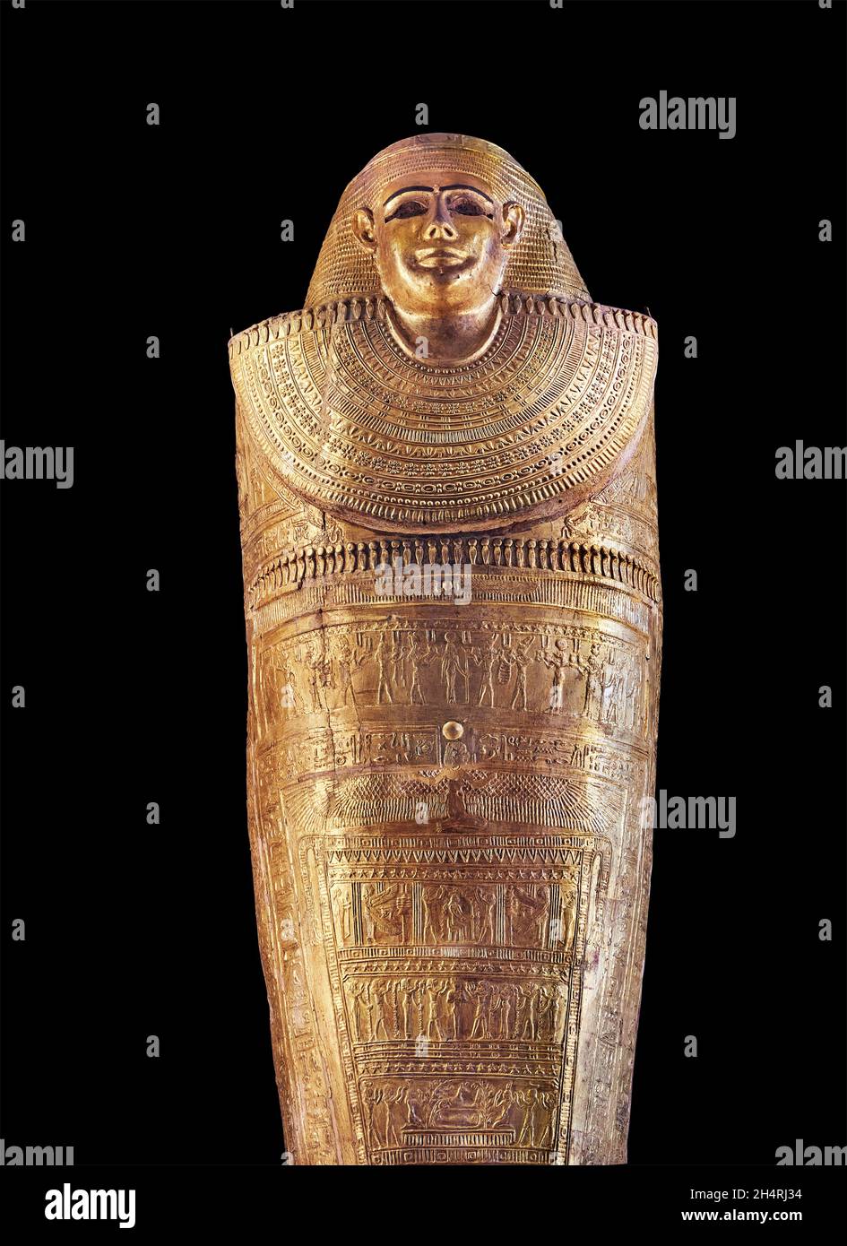 Tolemaico oro mummia egiziano stazza di una donna, Tacheretpaankh , 332-30 a.C., foglia d'oro, Museo del Louvre inv E1047. Donna in copertura, collana ousekh Foto Stock