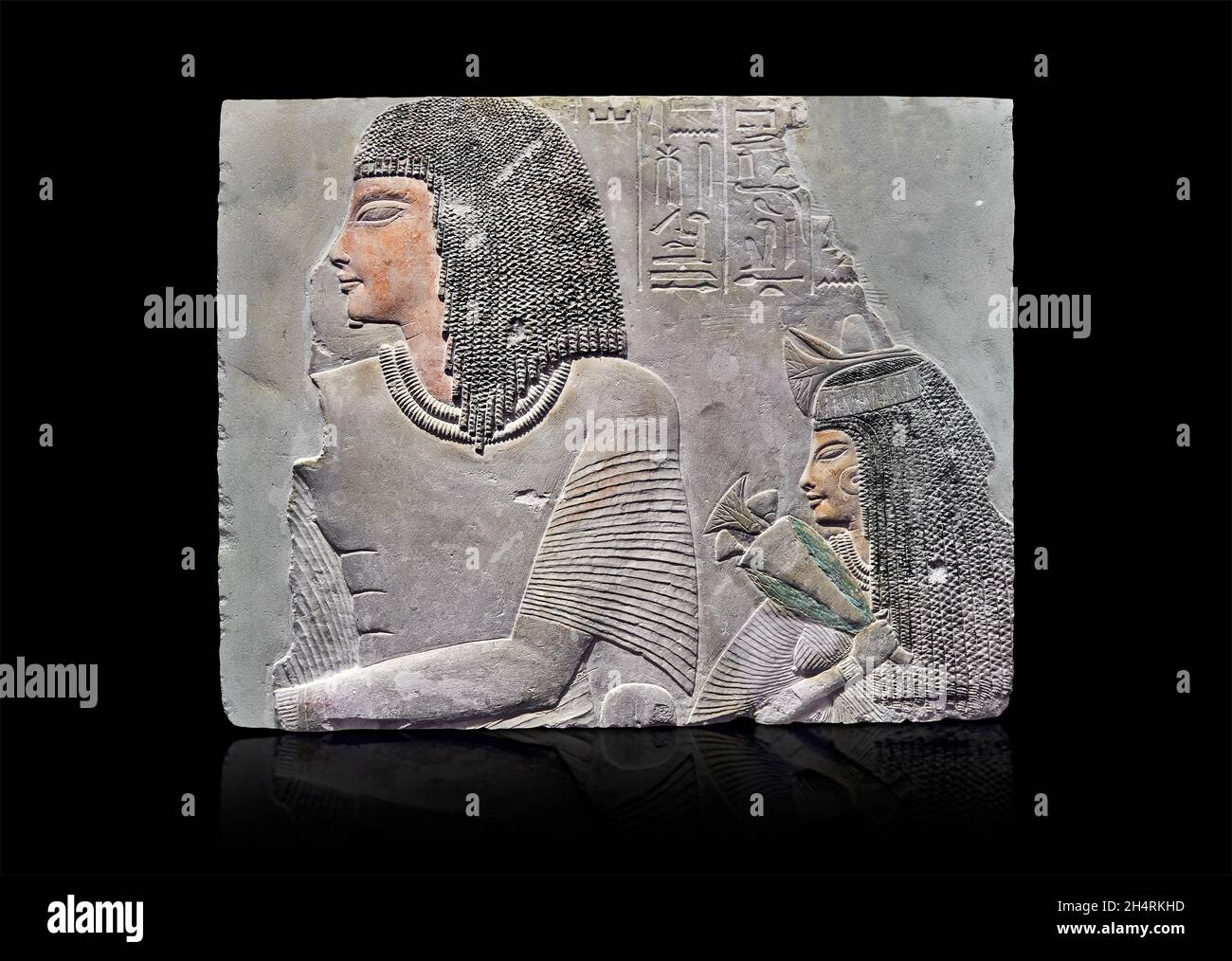 Generale Imeneminet Antica tomba egiziana muro pittura , 133901399 AC, calcare. Museo del Louvre B6. Il pannello raffigura Imenmes e depot i parents o Foto Stock