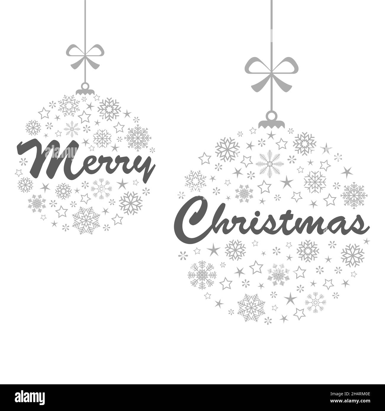 Baubles appesi color argento con diverse icone astratte fiocchi di neve per Natale e concetti inverno, Merry Natale saluti testo all'interno di due b Illustrazione Vettoriale