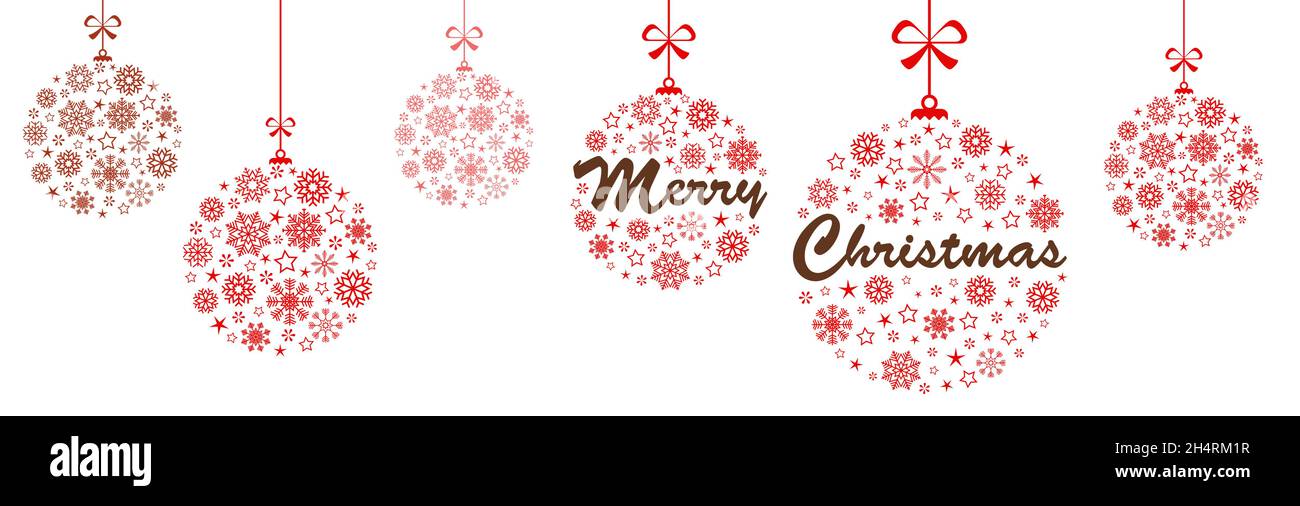 Baubles appesi colorati di rosso con diverse icone astratte fiocchi di neve per Natale e concetti invernali, Merry Natale saluti testo all'interno di due baub Illustrazione Vettoriale