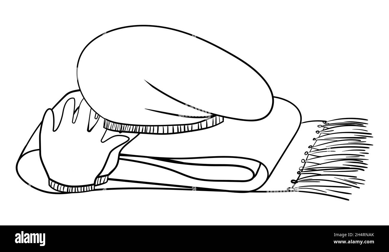 Berretto in maglia e guanti su sciarpa lunga con frangia. Illustrazione grafica vettoriale monocromatica in bianco e nero isolata su abiti invernali bianchi e stagionali Illustrazione Vettoriale