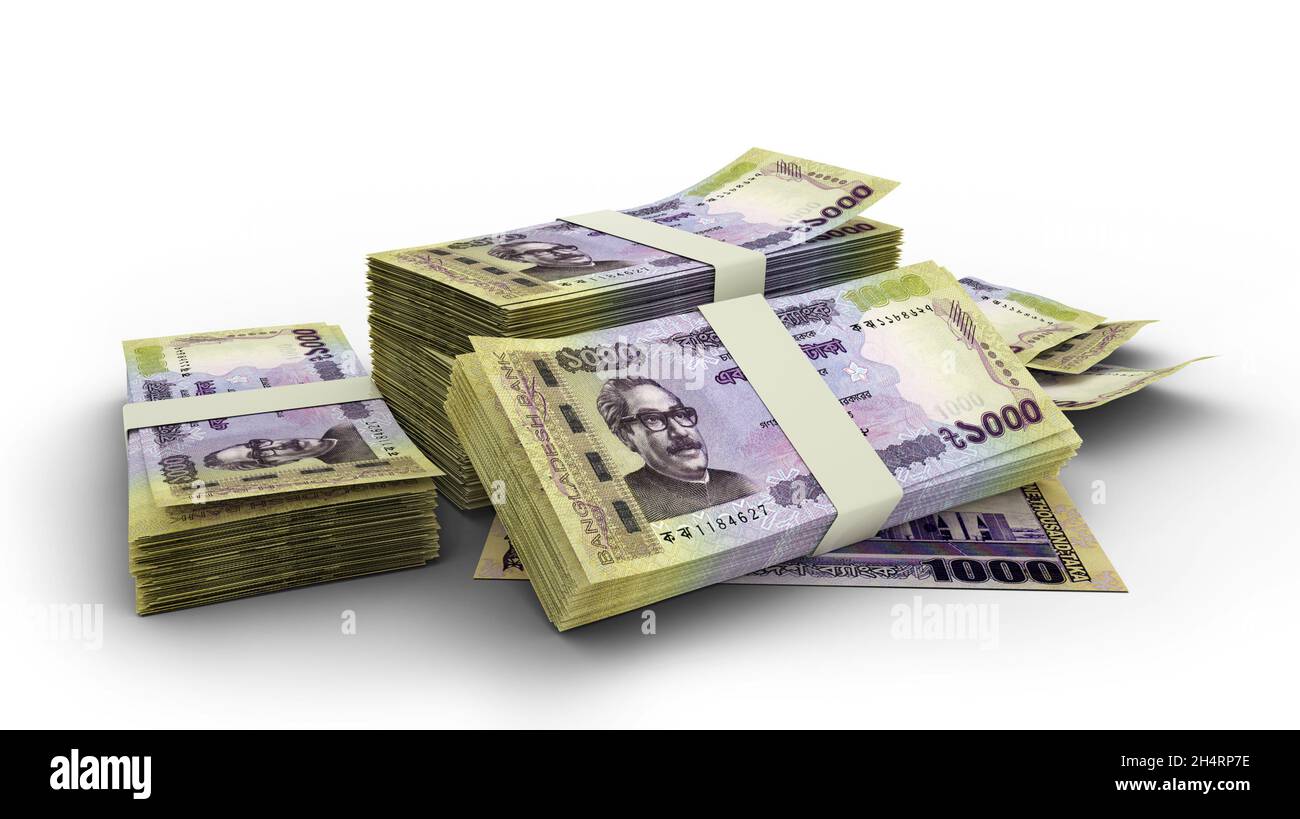 3D Stack of Bangladesh note Taka isolato su sfondo bianco Foto Stock
