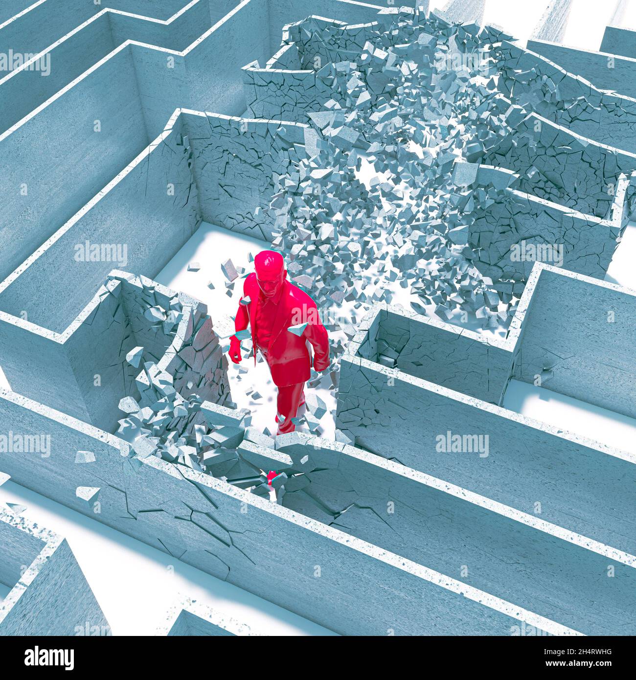 l'uomo distrugge un labirinto, concetto di sfida e soluzione dei problemi. modelli di rendering 3d Foto Stock
