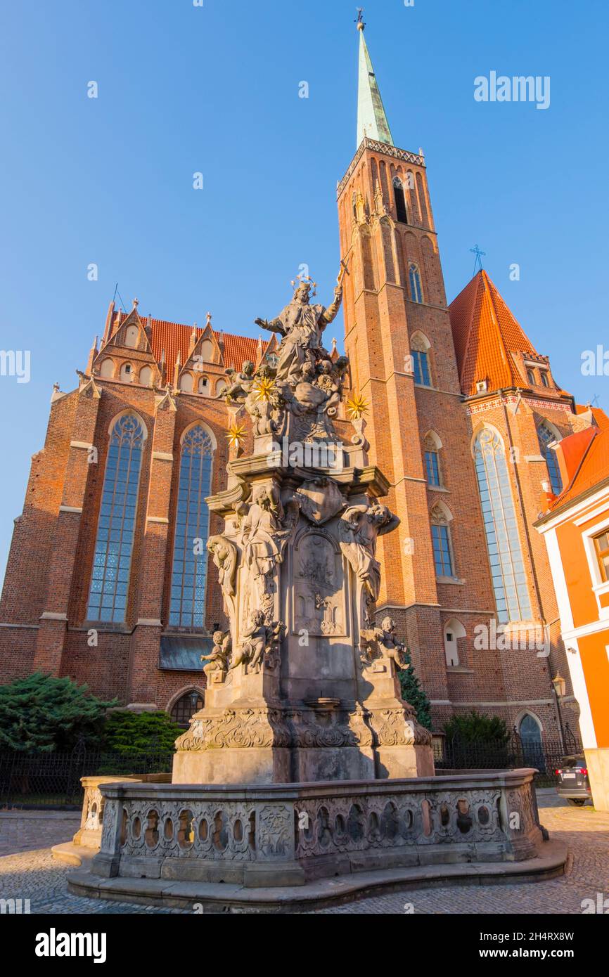 Statua di San Giovanni Nepomunk, Collegiata della Santa Croce e San Bartolomeo, Ostrów Tumski, Isola della Cattedrale, Breslavia, Polonia Foto Stock