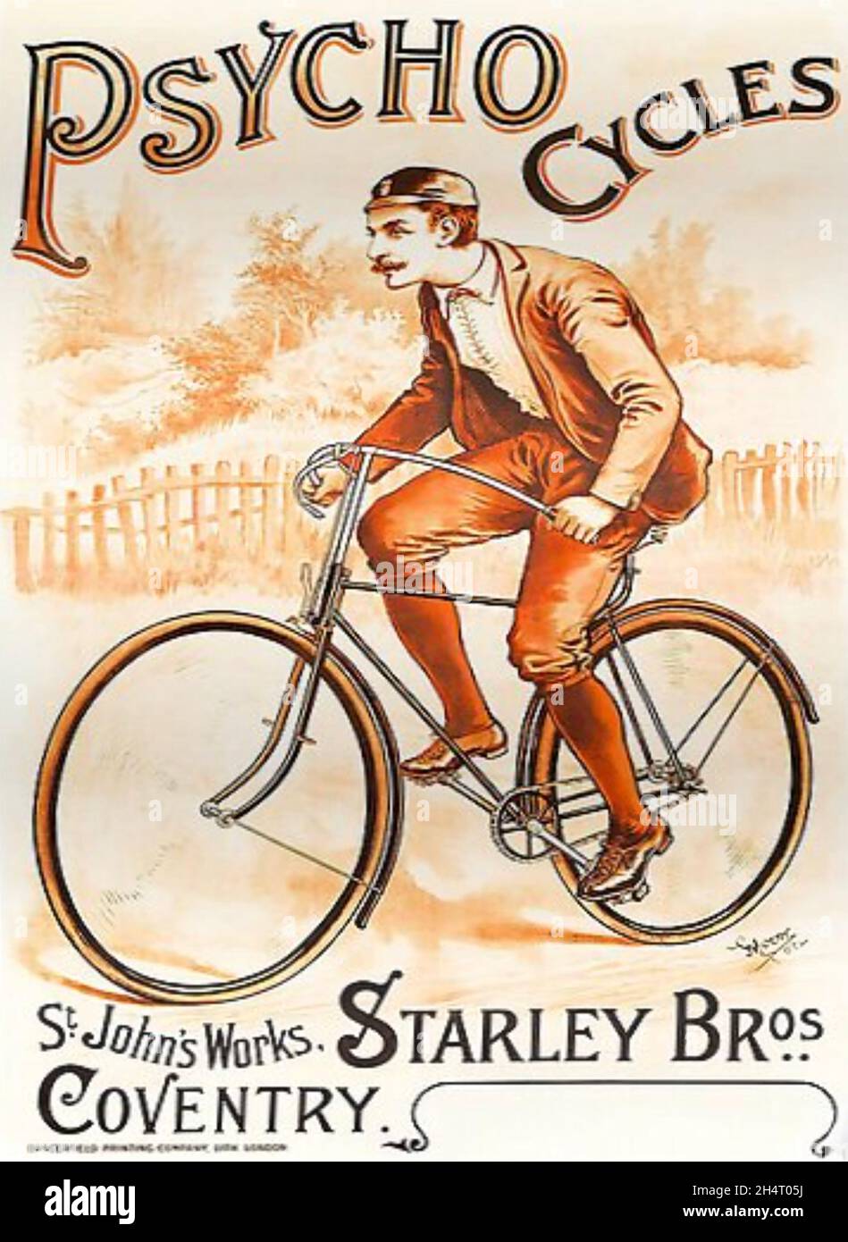 PSYCHO CYCLES Poster circa 1902 pubblicizzando una delle macchine progettate e costruite da Starley Brothers alla loro St. John's Works di Coventry Foto Stock