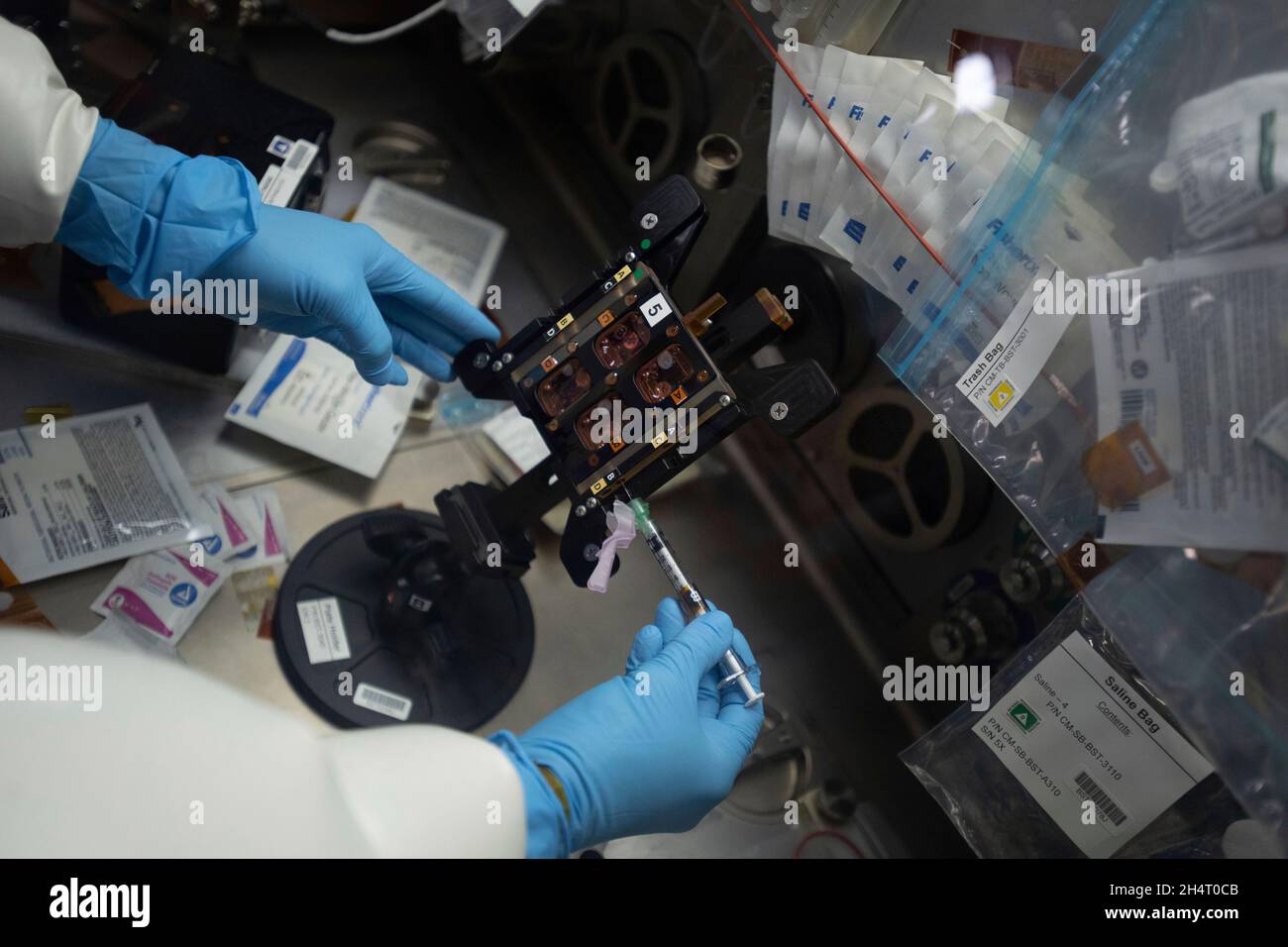 L'astronauta della NASA e l'ingegnere di volo della spedizione 65 Megan McArthur lavora all'indagine del muscolo cardinale nel cassetto portaoggetti delle scienze biologiche a bordo della Stazione spaziale Internazionale. Questo studio verifica se tali tessuti ingegnerizzati coltivati nello spazio potrebbero fornire un modello per studiare la perdita muscolare e valutare possibili terapie prima degli studi clinici il 14 agosto 2021. Credito: NASA via CNP Foto Stock