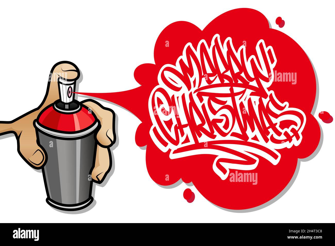 Cartoon mano che tiene un aerosol spruzzando una vernice graffiti Merry Natale banner. Illustrazione vettoriale isolata su sfondo bianco. Illustrazione Vettoriale