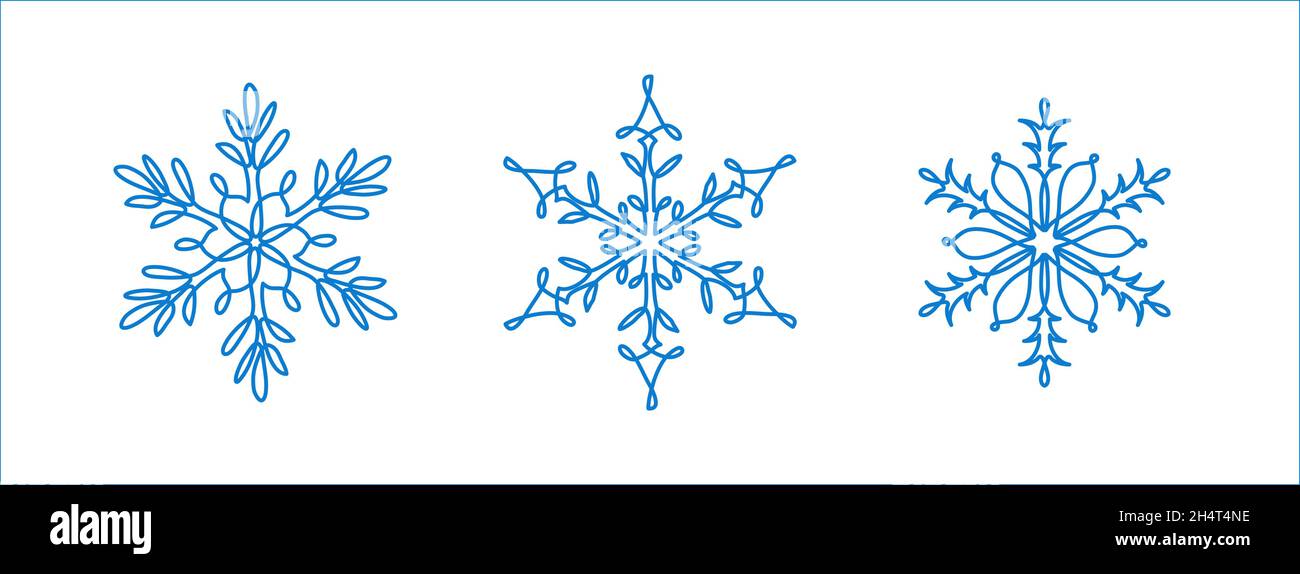 Fiocchi di neve insieme di icone, segni, simboli. Una linea continua di disegno artistico di fiocco di neve. Illustrazioni vettoriali a linea singola Illustrazione Vettoriale
