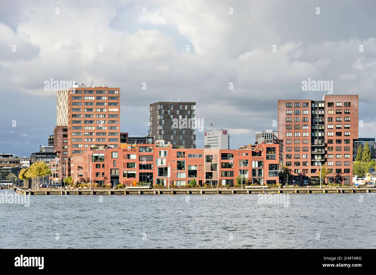 Rotterdam, Paesi Bassi, 4 novembre 2021: Ex zona industriale di Mullerpier convertita in quartiere residenziale con bri basso e medio alto Foto Stock