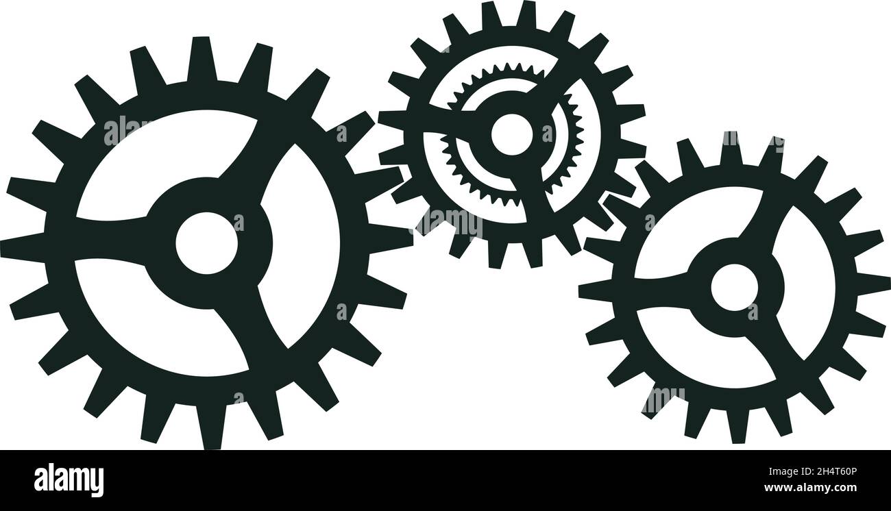 Simbolo di ingranaggio funzionante o ruota dentata su sfondo bianco isolato. Tre ruote nere Thoothed in cooperazione. Illustrazione Vettoriale