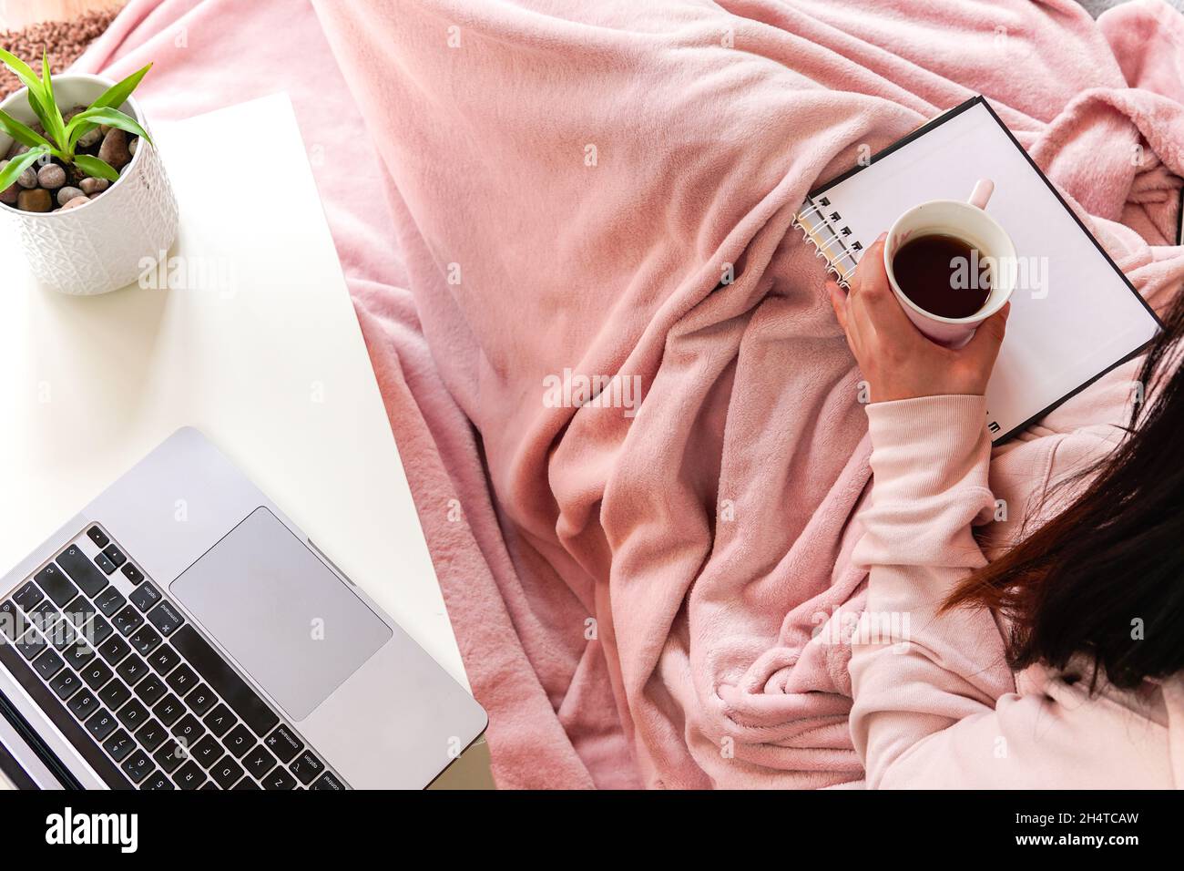 Donna coperta rosa che tiene un tè seduto sul divano con un taccuino . imparare o lavorare a casa. Foto Stock