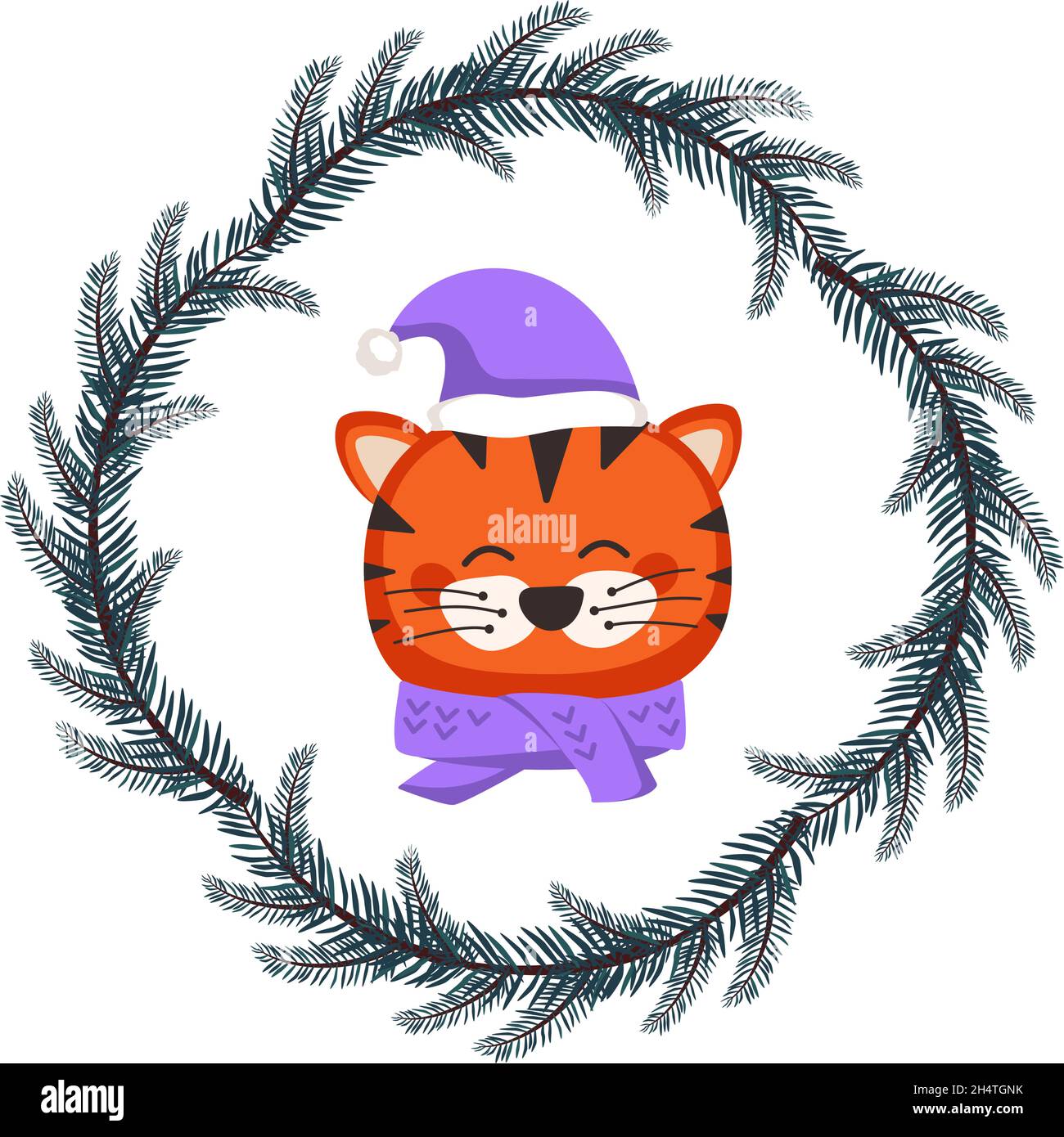 Carino tigre cinese in stile infantile con festoso Natale corona di rami di abete in cappello e prua. Predatore animale divertente con volto felice. Illustrazione vettoriale piatta per le vacanze e l'anno nuovo Illustrazione Vettoriale
