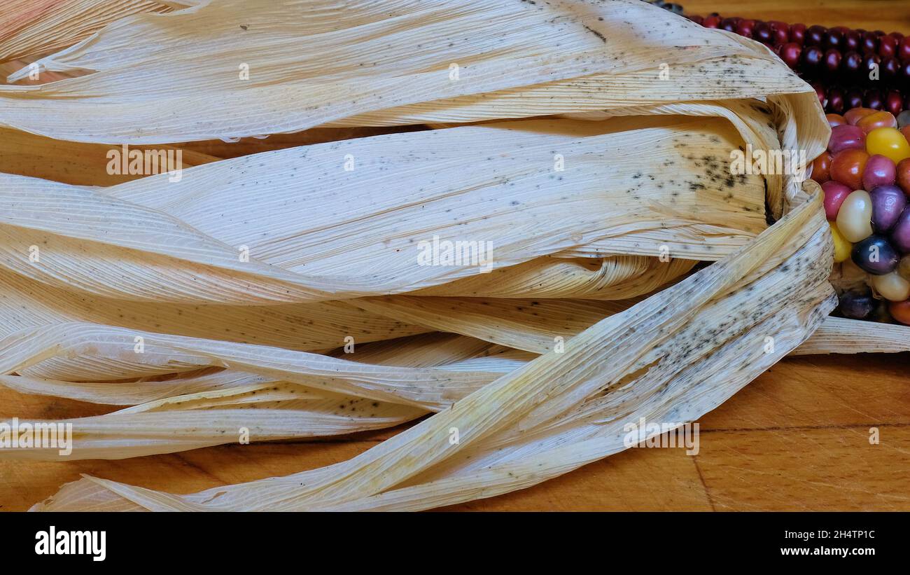 Primo piano della buccia secca di un granoturco di pietra focaia; utilizzata per la produzione di tamales in cibo tradizionale messicano. Foto Stock