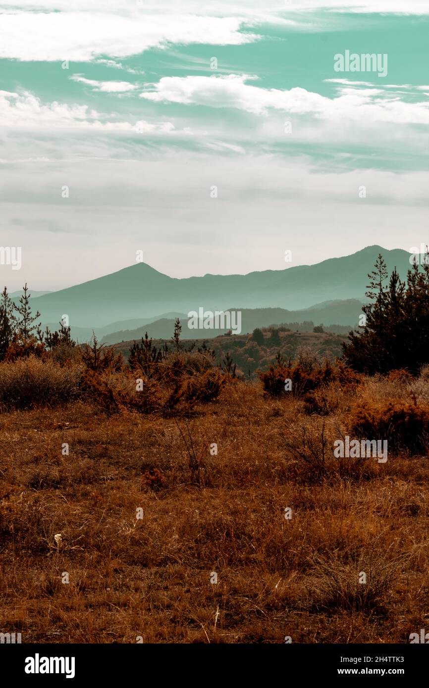 Paesaggio verticale di montagne lontane. Foto Stock
