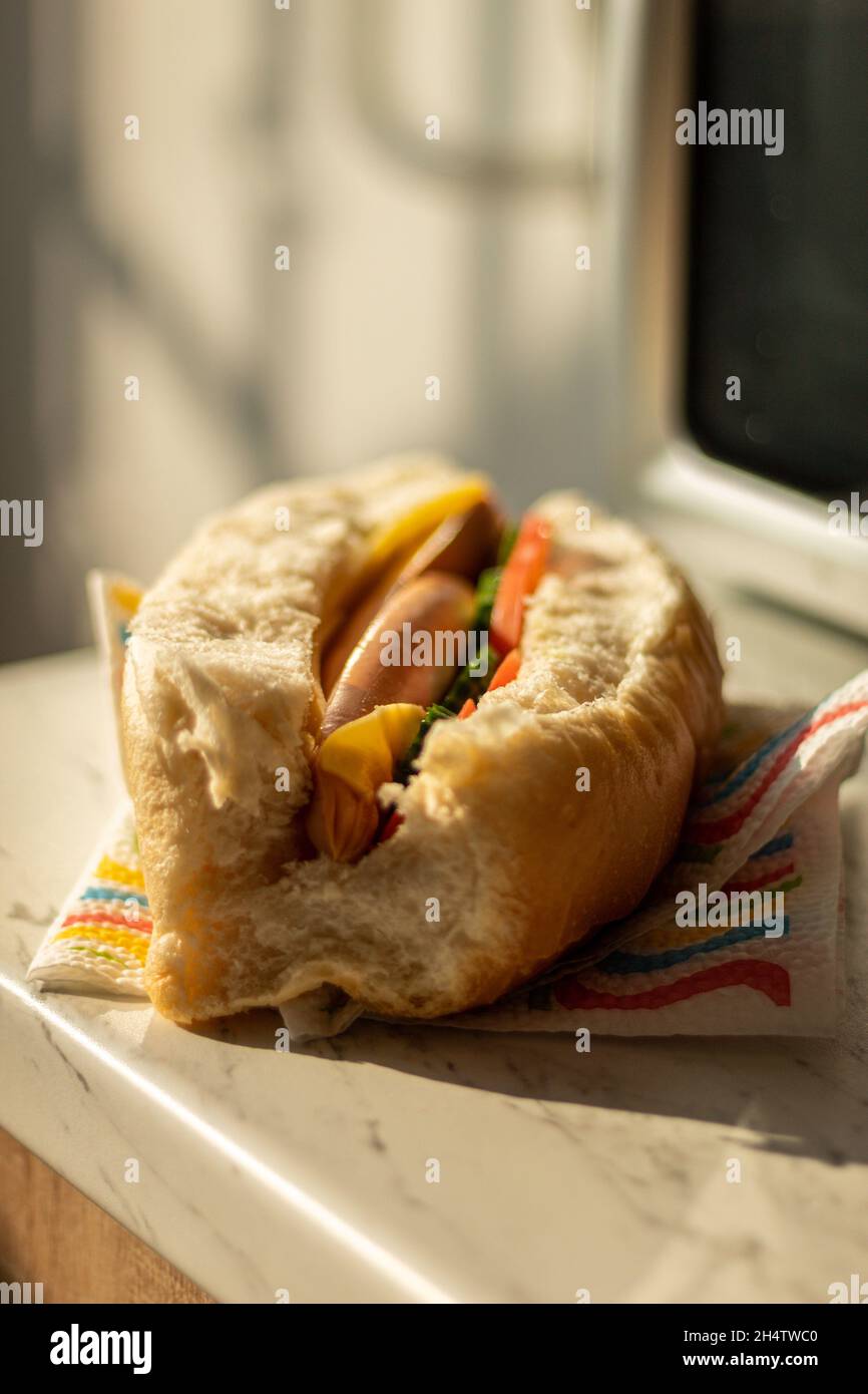 Hotdog fatto in casa con alcuni ingredienti. Foto Stock