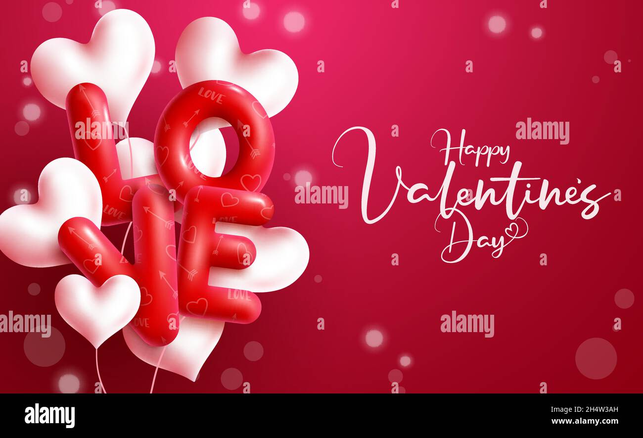 Valentines ama il disegno vettoriale del balloon. Buon San Valentino testo giorno con mazzo di palloncini e bokeh decorazione per cuore giorno romantico messaggio di saluto. Illustrazione Vettoriale