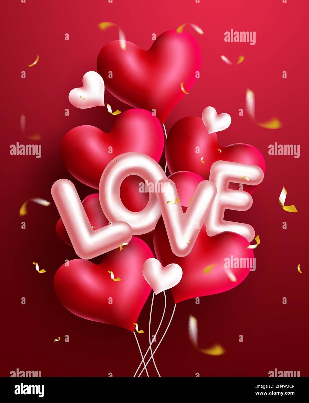 Valentines amore palloncini concetto vettoriale design. Decorazione a palloncino Love text e Hearts con elemento di festa a confetti per un giorno di San Valentino a sorpresa. Illustrazione Vettoriale