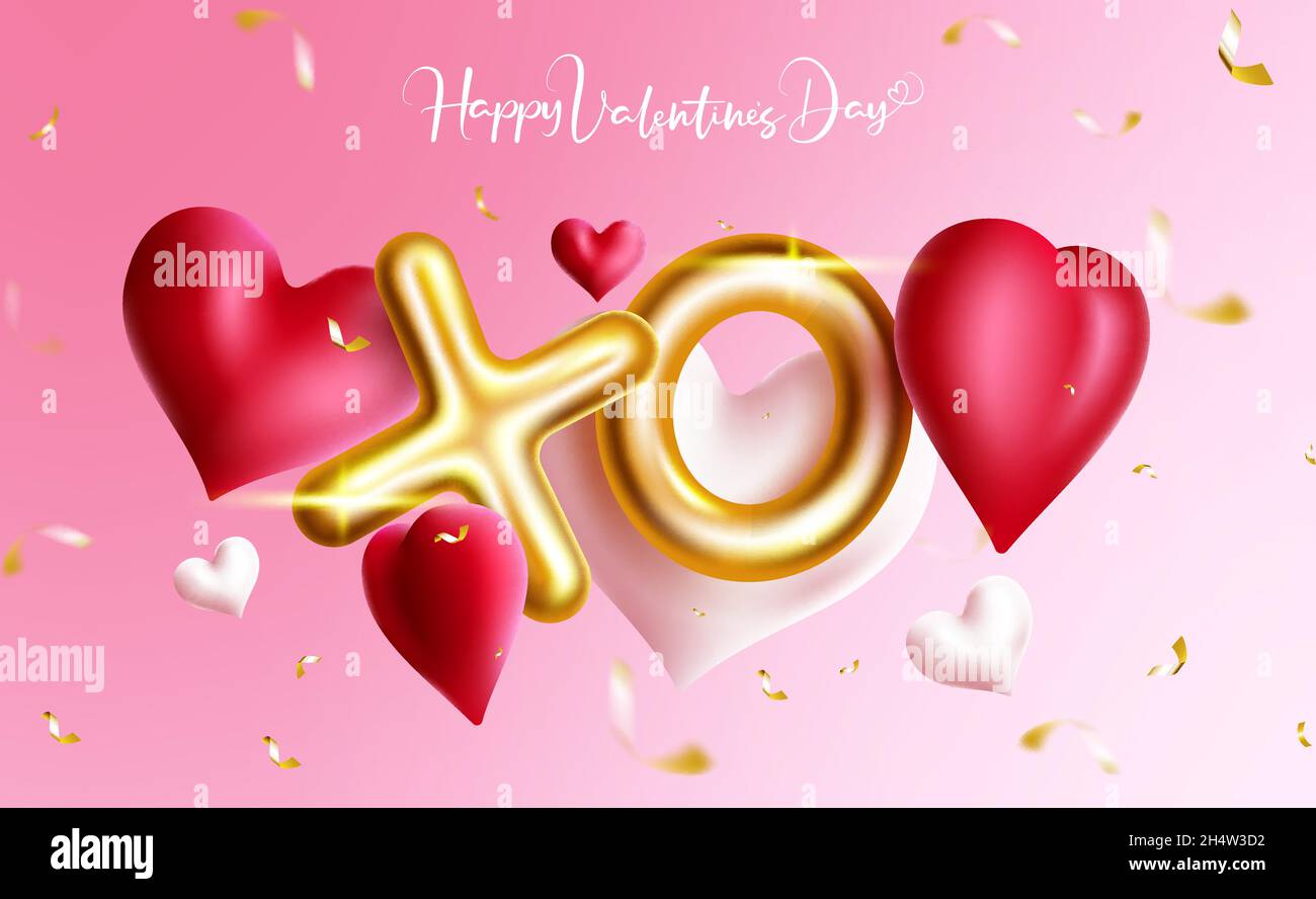 Valentines Day Elements Vector design. San Valentino sorpresa elementi di saluto con palloncini d'oro, cuori e confetti decorazione in rosa. Illustrazione Vettoriale
