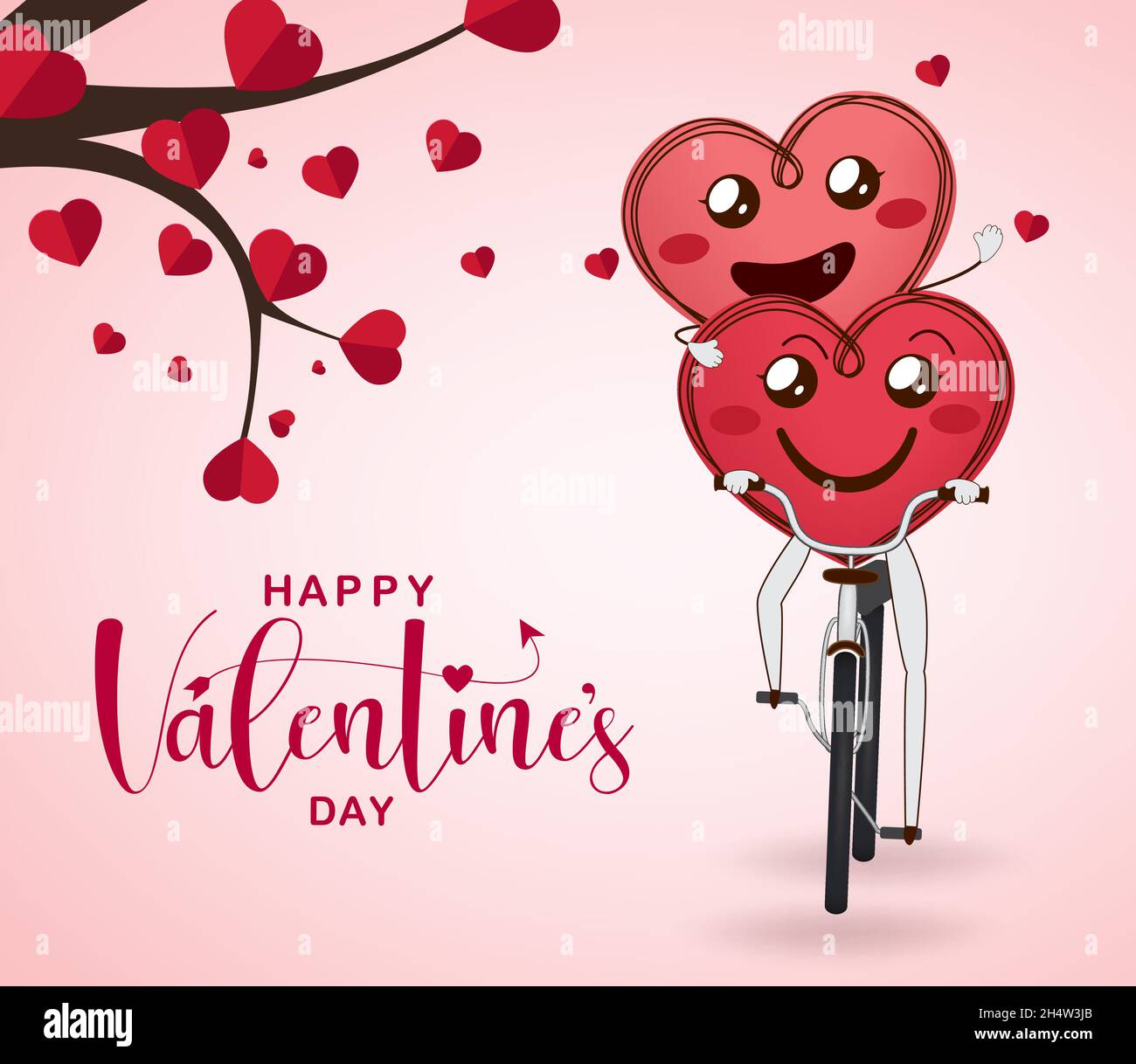 San Valentino coppia saluto vettoriale design. Testo tipografico del giorno di San Valentino felice con gli amanti del cuore elemento di bicicletta riding smiley per il giorno romantico dei cuori Illustrazione Vettoriale
