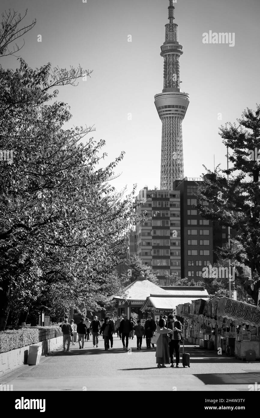 La gente cammina su un marciapiede mentre lo Skytree domina sullo sfondo a Tokyo, Giappone. Foto Stock