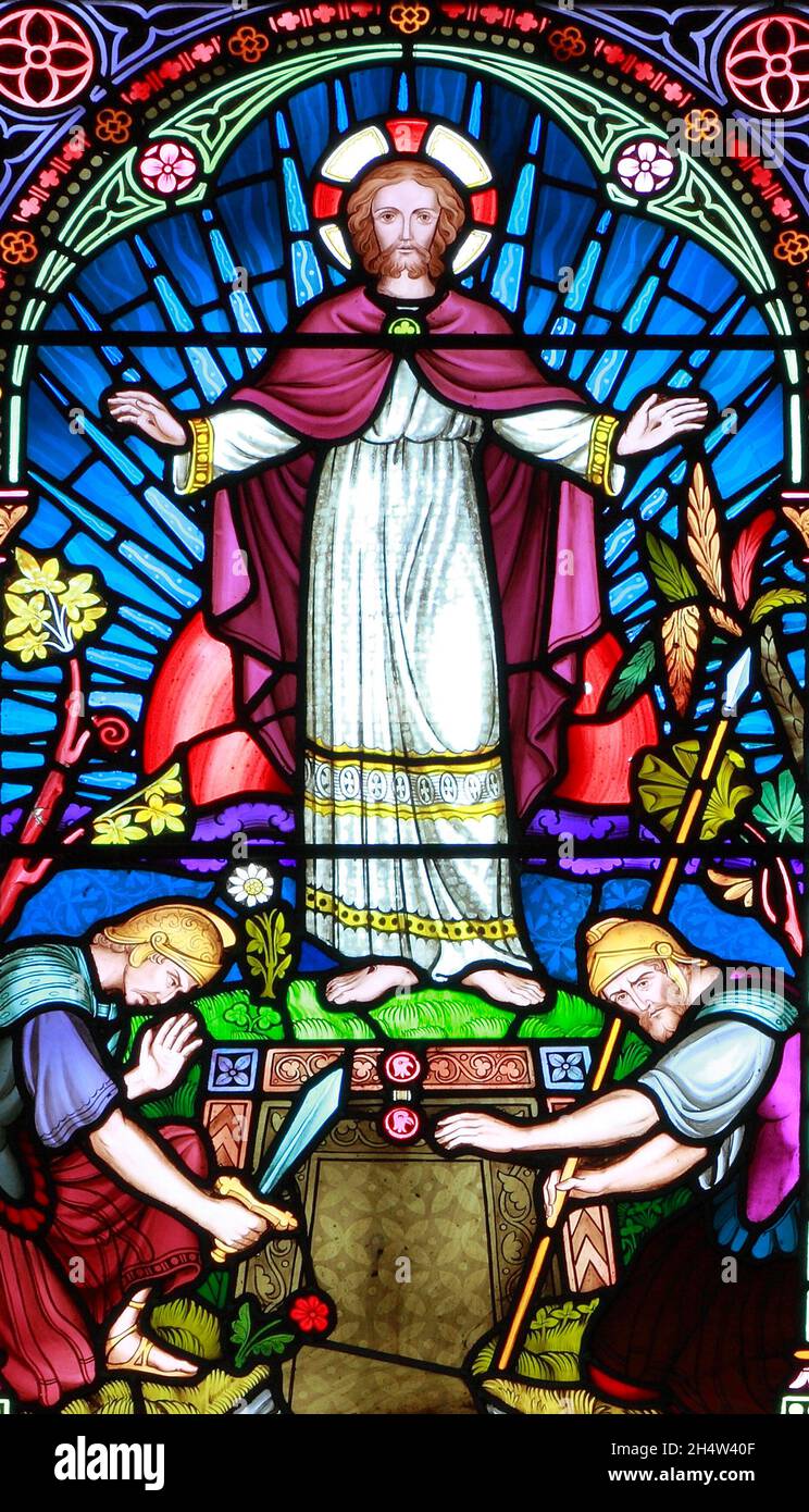 La risurrezione, Gesù è risorto, le guardie romane sono impauriti, Old Hunstanton, particolare di vetrate di Frederick Preedy, 1867, Norfolk Foto Stock