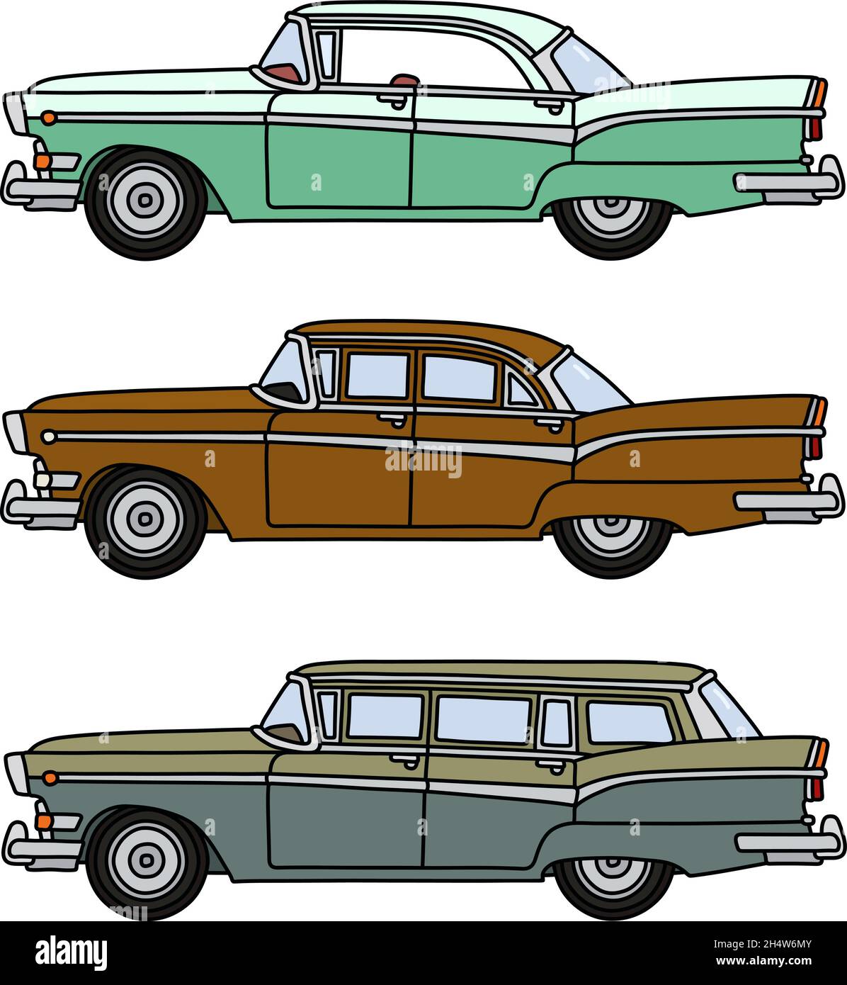 Il disegno a mano vettorizzato di tre divertenti auto vecchie e grandi americane Illustrazione Vettoriale