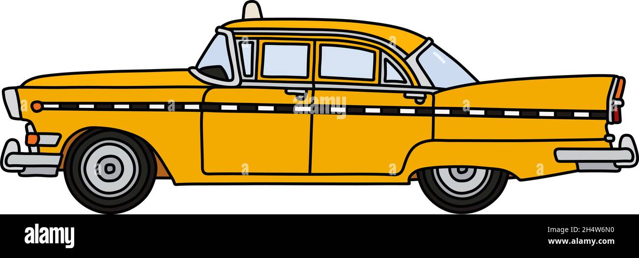 Il disegno a mano vettorizzato di un vecchio e divertente taxi americano giallo Illustrazione Vettoriale