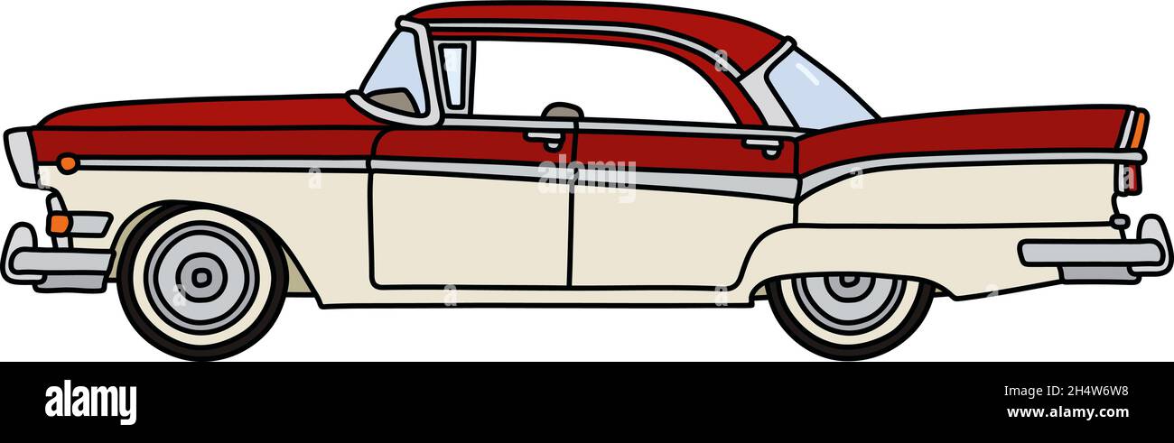 Il disegno a mano vettorizzato di una vecchia auto americana rossa e bianca divertente Illustrazione Vettoriale