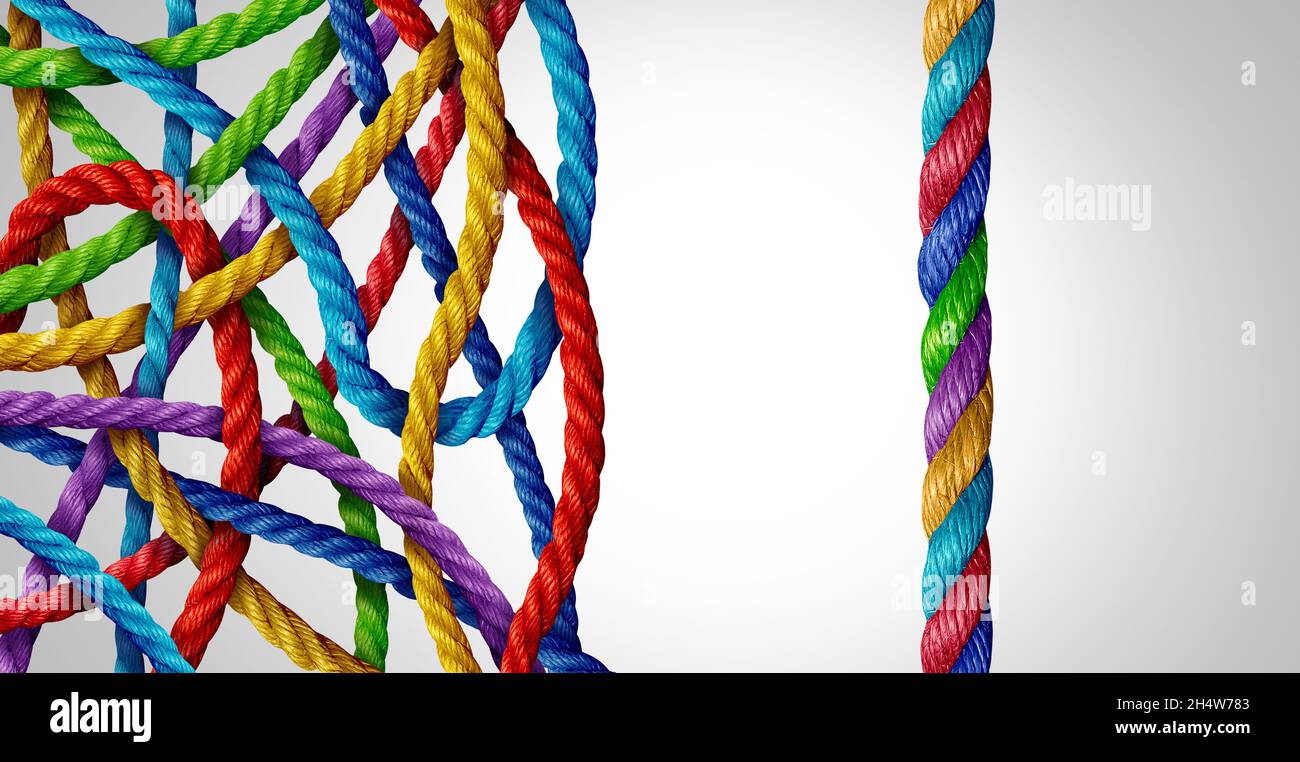 Ordine e caos concetto e organizzazione o organizzare idea come un gruppo confuso di corde con una corda organizzata. Foto Stock