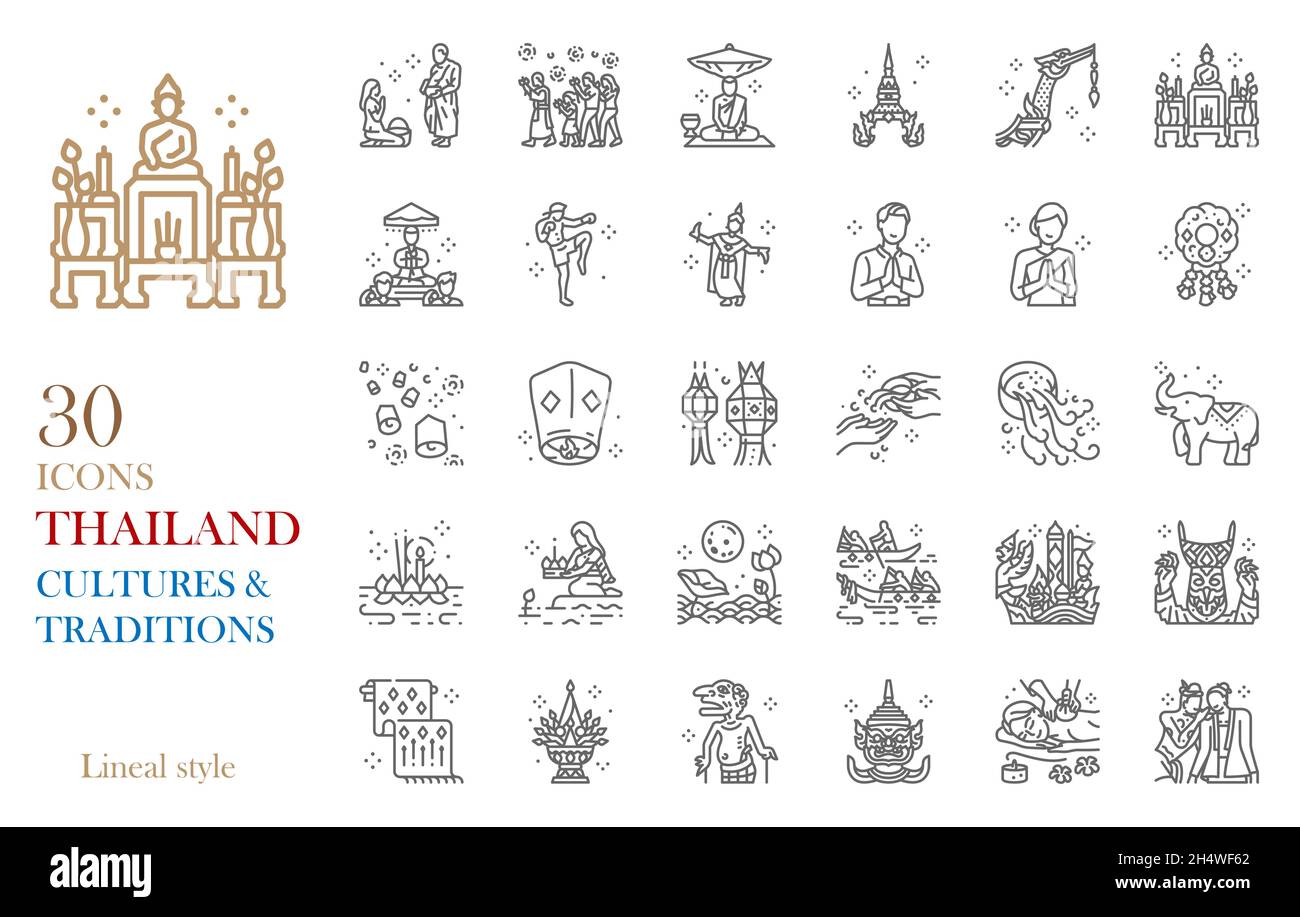 Thailandia linea icona set vettore illustrazione in culture, tradizioni, arti e affascinante stile di vita concept.included Loi Krathong festival, monaco ordinazione, b Illustrazione Vettoriale