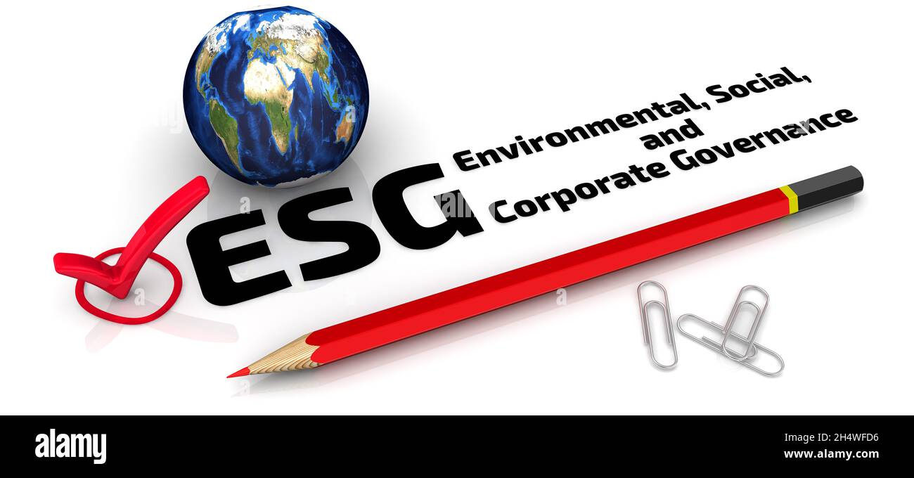 Un segno di spunta rosso con testo nero ESG - Environmental, Social and Corporate Governance. Illustrazione 3D Foto Stock