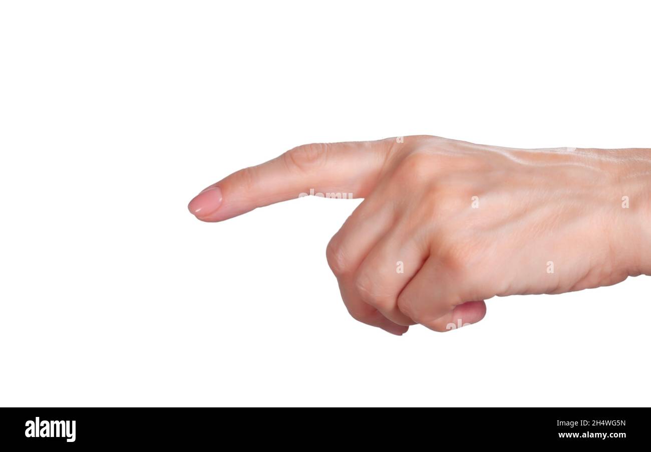 mano femminile con indice isolato su sfondo bianco Foto Stock