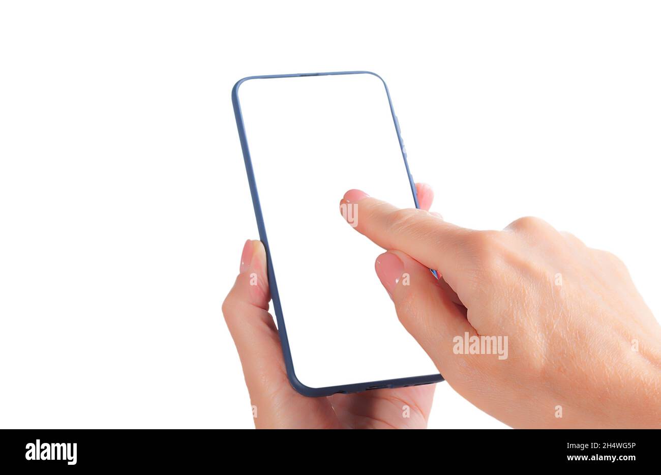 Smartphone in mano delle donne isolato su sfondo bianco. Simulazione dell'utilizzo di dispositivi di comunicazione e gadget Foto Stock