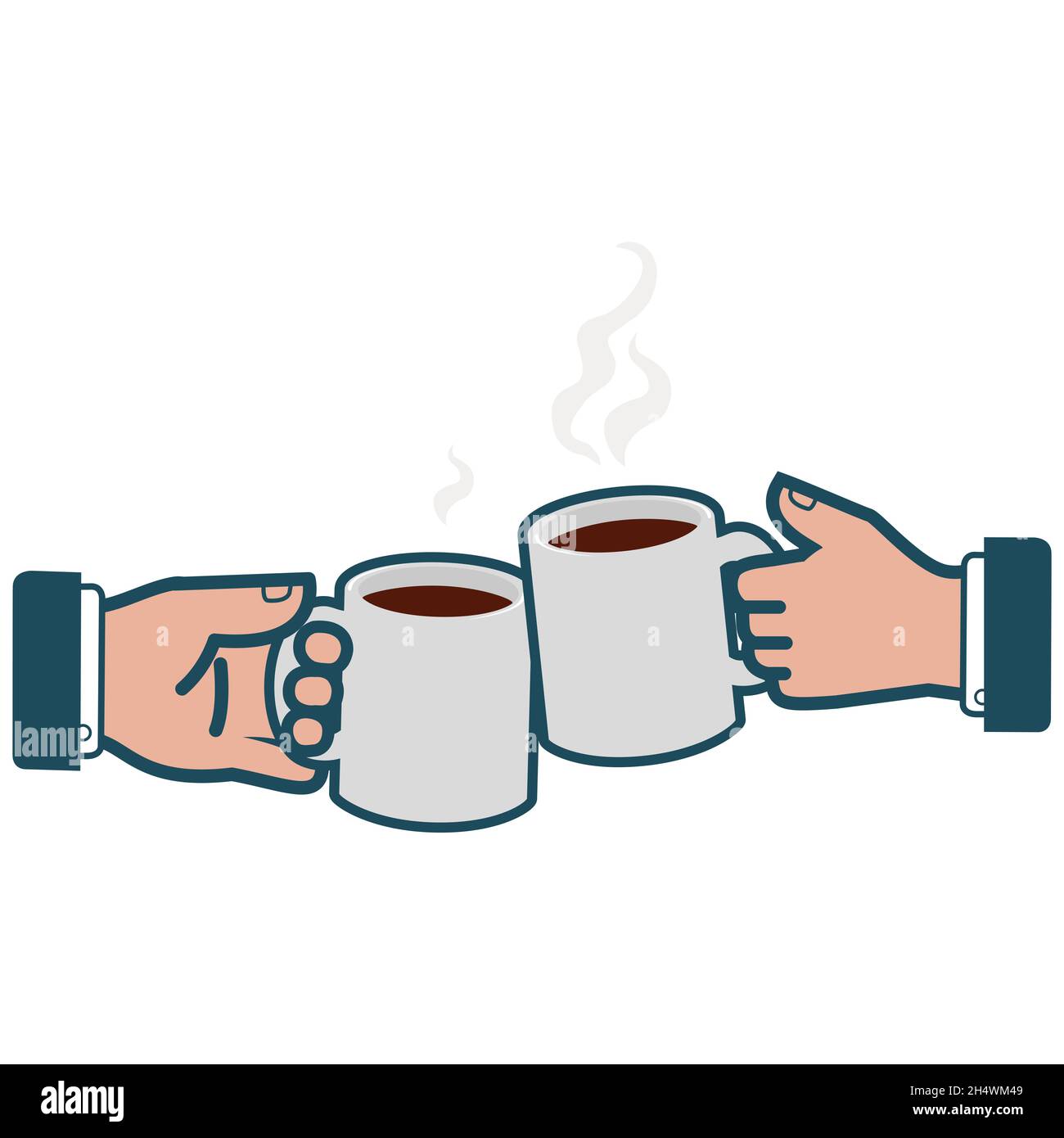 Uomini d'affari che tengono tazze da caffè e tostano. Due persone bevono caffè al lavoro mentre preparano un toast con tazze da caffè. Icona del negozio di takeout per caffè d'affari. Foto Stock