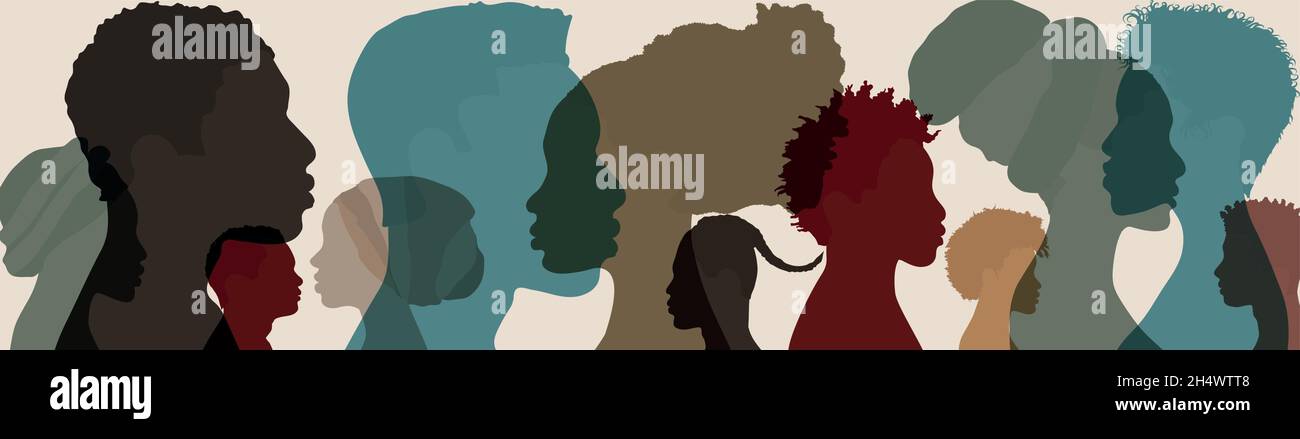 Silhouette testa in profilo gruppo etnico di neri africani e afro-americani uomini e donne. Uguaglianza razziale e giustizia - concetto di identità. Illustrazione Vettoriale